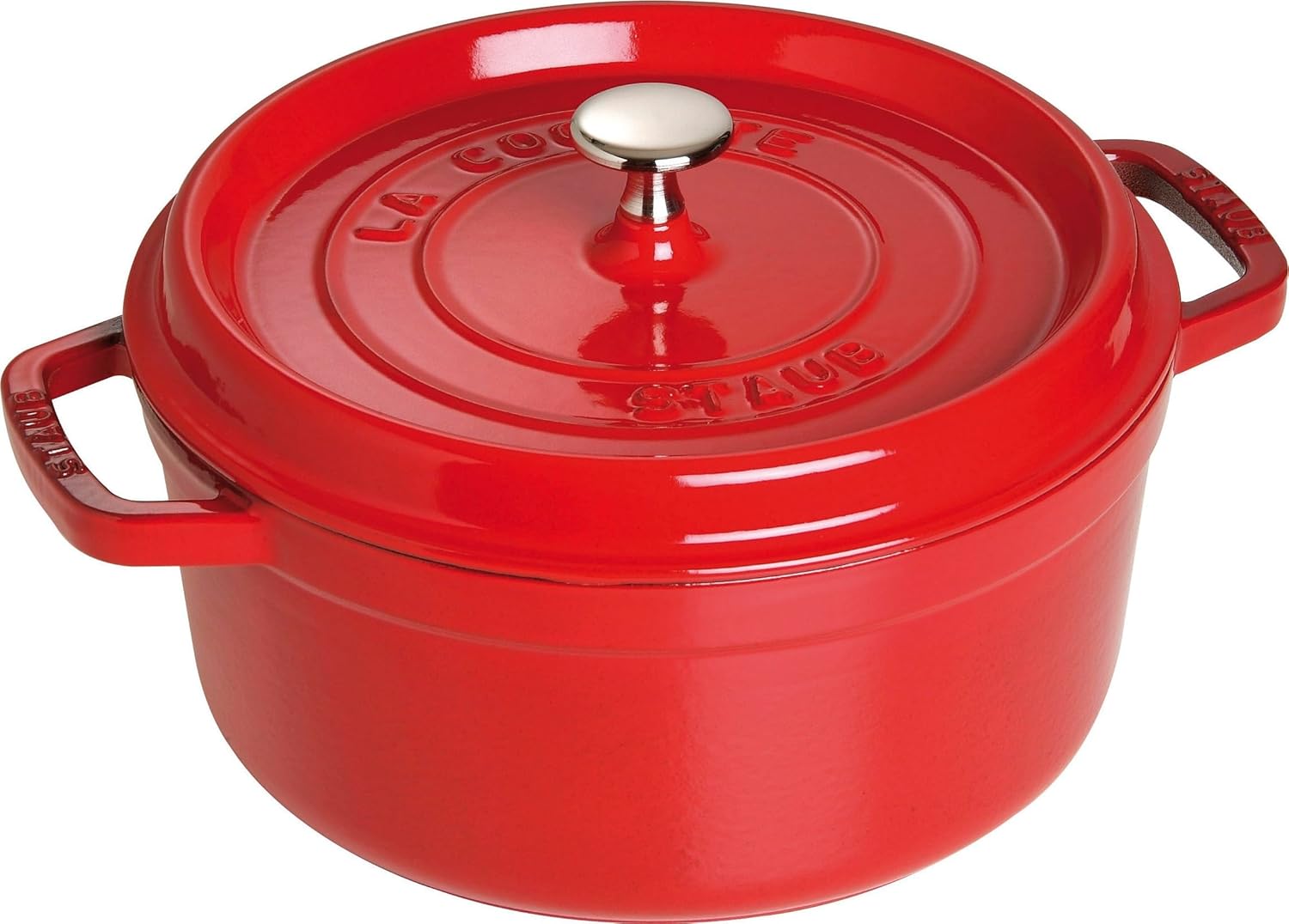 قابلمه کوکوت چدنی STAUB، گرد 24 سانتی‌متری، 3.7 لیتر، عملکرد بارانی معطر برای رطوبت‌رسانی بهینه در درب، برای همه انواع اجاق‌ها از جمله القایی و فر، قرمز گیلاسی