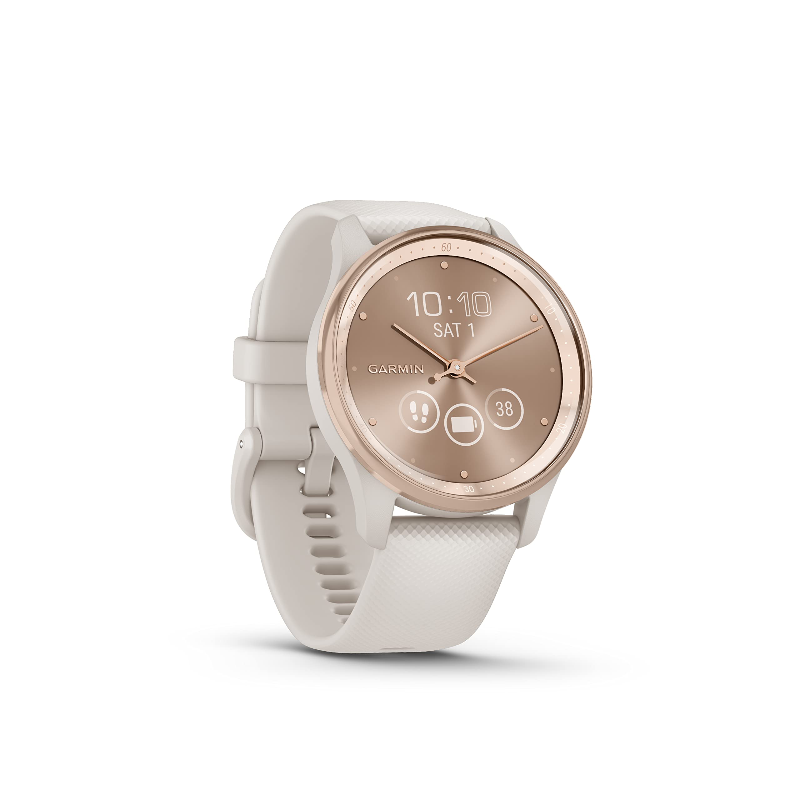 خرید از آمازون - Garmin vívomove Trend – Hybrid-Smartwatch mit analogen Zeigern und Touchdisplay. Fitness-/Gesundheitsfunktionen, Schlafanalyse, Garmin Pay, Smartphone Benachrichtigungen und bis zu 5 Tage Akkulaufzeit Creme/Roségold vívomove Trend