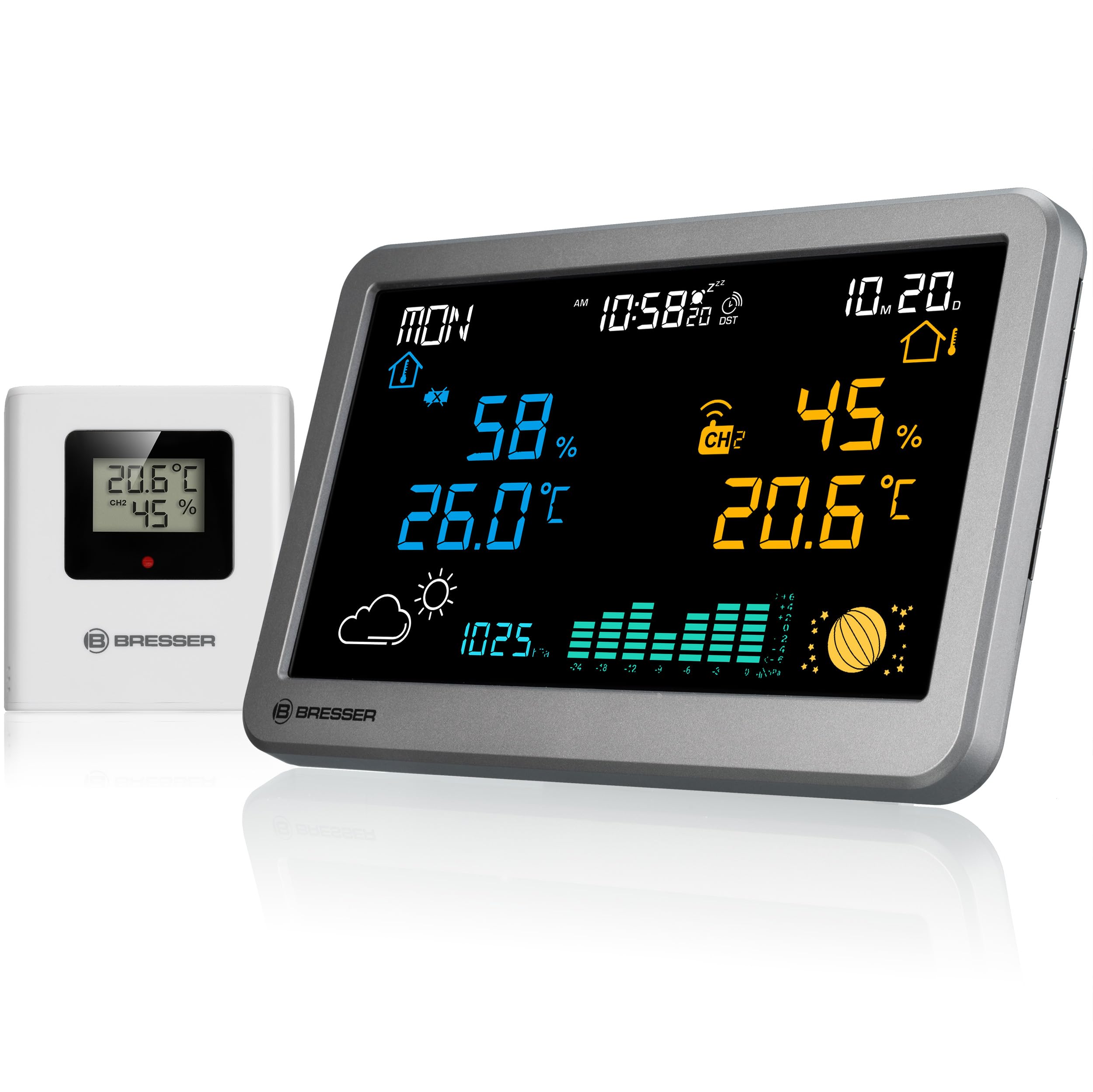 ایستگاه هواشناسی بی سیم Bresser MeteoTemp TBH با نمایشگر دما و رطوبت، تاریخچه فشار هوا، پیش بینی گرافیکی آب و هوا، هشدار دما