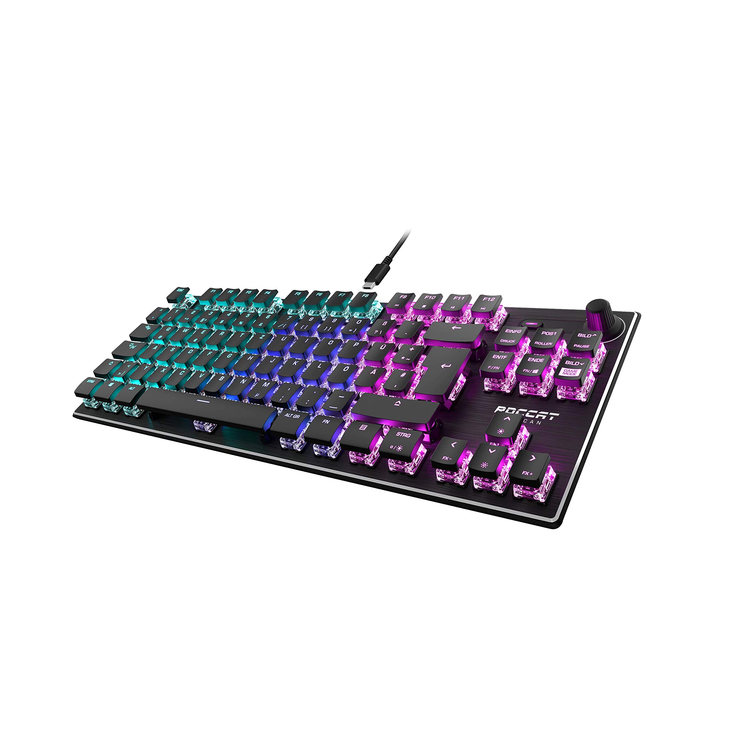 خرید از آمازون - Roccat Vulcan TKL - صفحه کلید بازی RGB مکانیکی فشرده، روشنایی تک کلید LED AIMO، سوئیچ های خطی تیتانیوم، سطح آلومینیومی، چرخ چند رسانه ای، QWERTZ Vulcan TKL مشکی