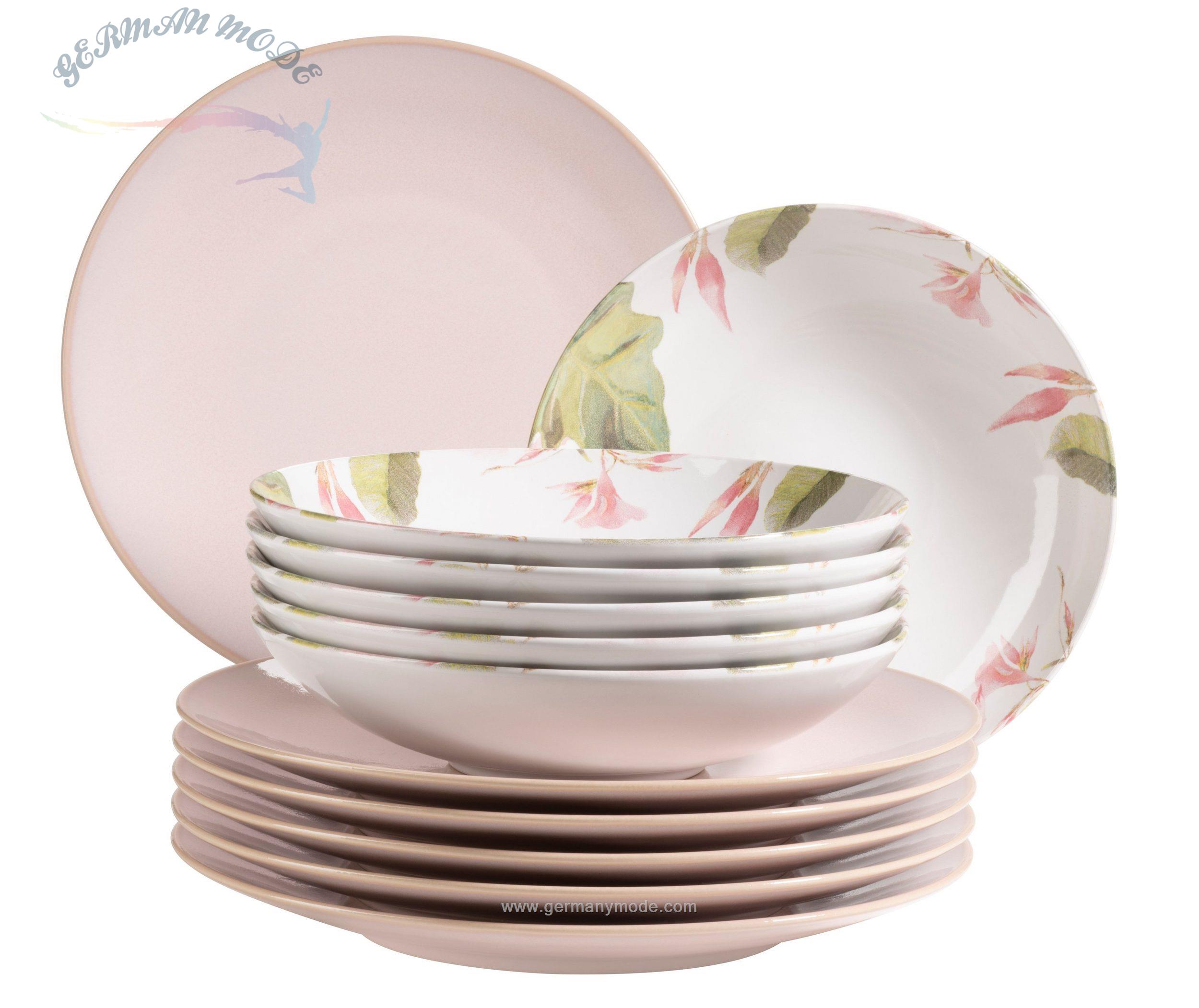 سرویس غذاخوری سرامیک 12 پارچه 6 نفره ماسر اتریش Mäser Tafelservice Ossia rosa/weiß (12-tlg.)
