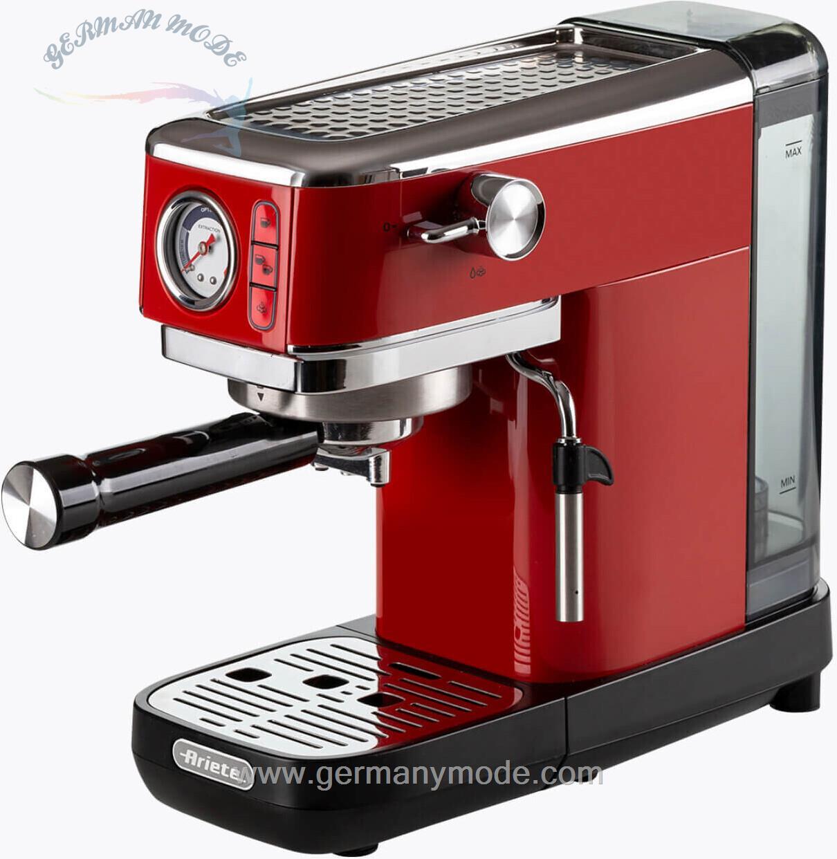 اسپرسو ساز آریته ایتالیا Ariete Espresso Slim Metal 1381 قهوه ساز با فشار سنج سازگار با پودر قهوه و پد ESE حداکثر 15 بار فیلتر 1 یا 2 فنجان کف کن کاپوچینو 1300 وات قرمز قرمز