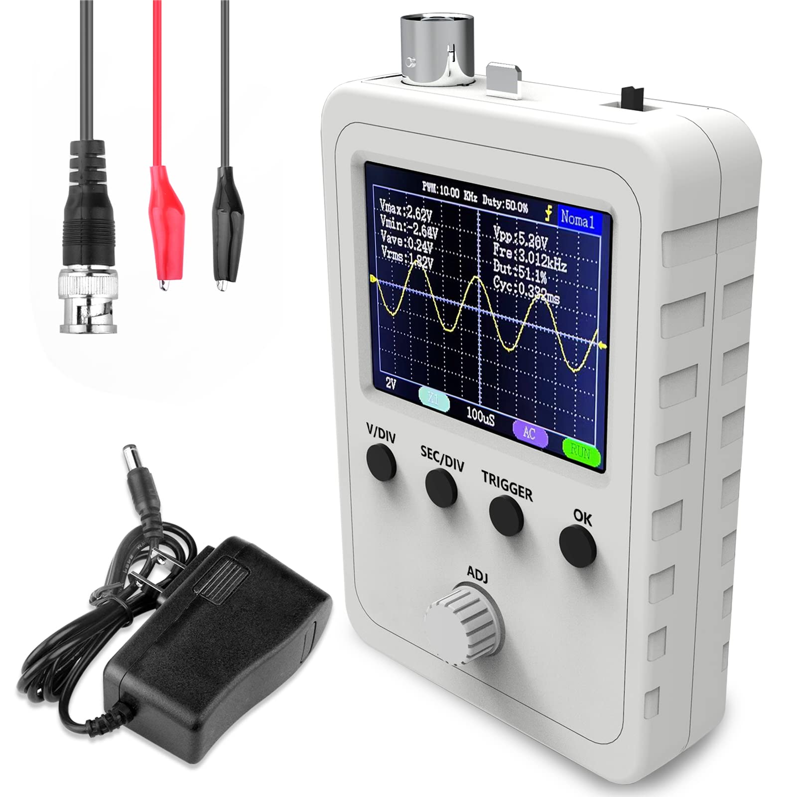 خرید از آمازون - کیت اسیلوسکوپ دیجیتال پوسته TFT 2.4 اینچی Quimat با کابل گیره BNC لحیم شده پروب منبع باز SMD و محفظه (دستگاه تمام شده کاملاً مونتاژ شده)