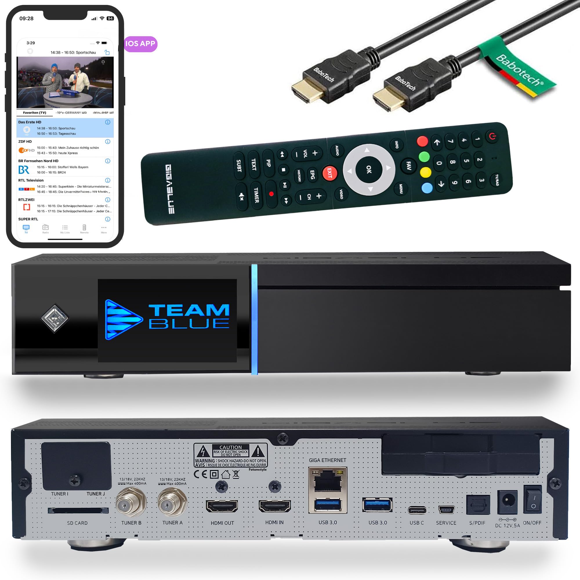 گیرنده Gigablue UHD Quad Pro 4k با ۲ تیونر DVB-S2 FBC، ۲ گیرنده ماهواره‌ای DVB-S2 inkl. کابل HDMI Babotech®، ۲ عدد DVB-S2 FBC 0GB