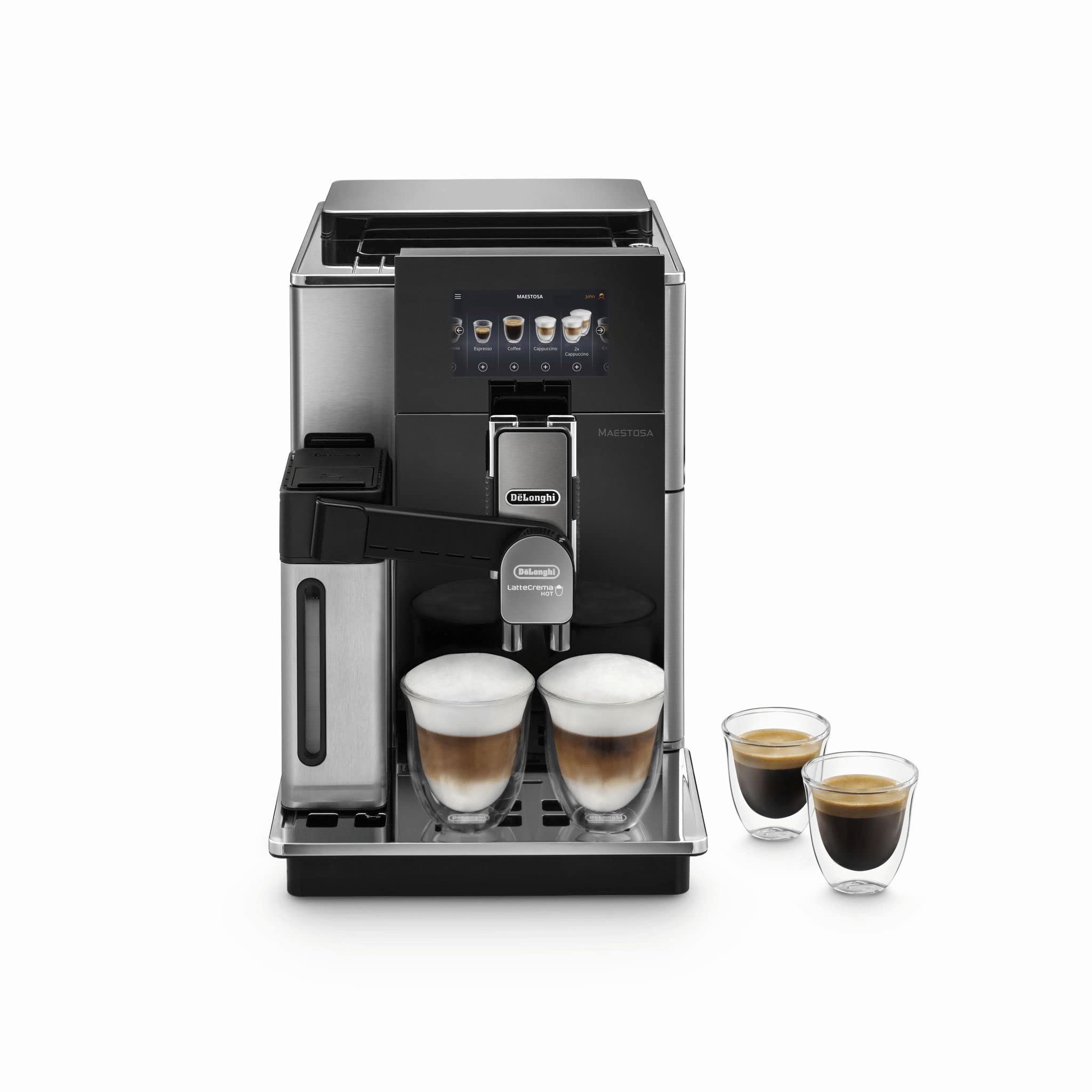خرید از آمازون - قهوه ساز تمام اتوماتیک De'Longhi Maestosa EPAM960.55.GM با نمایشگر رنگی 5 اینچی، فوم شیر اتوماتیک، عملکرد 2 فنجانی، 1550 وات، مخزن بزرگ آب 2.1 لیتری، 29 x 46.8 x 40.5 سانتی متر مشکی/نقره ای