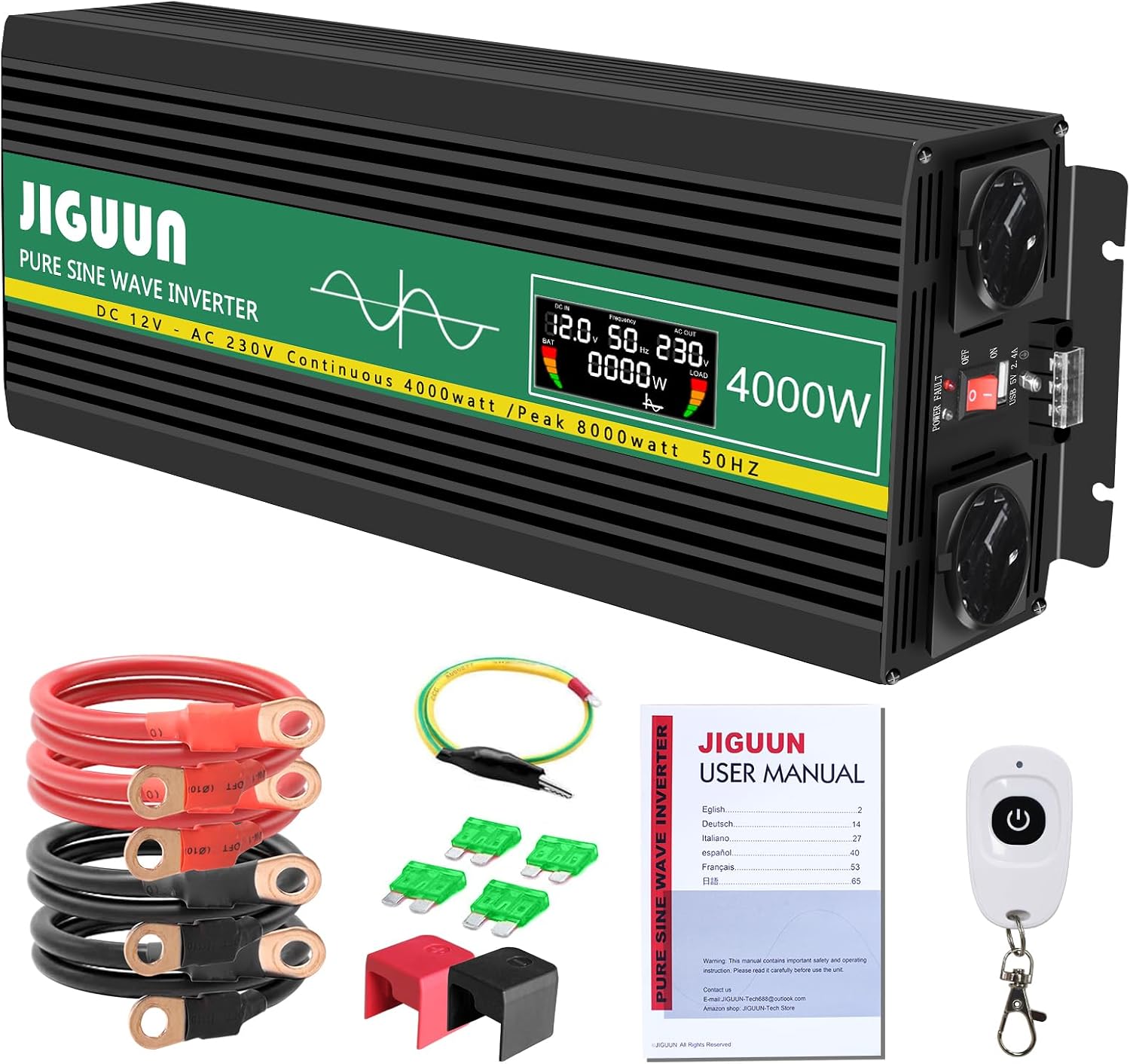 مبدل ولتاژ موج سینوسی خالص اینورتر JIGUUN 4000W 12 ولت 230 ولت با 2 سوکت اتحادیه اروپا و خروجی USB 2.4 آمپر، کنترل از راه دور بی سیم و صفحه نمایش LCD حداکثر توان 8000 وات برای کمپینگ کامیون 4000 وات 12 ولت