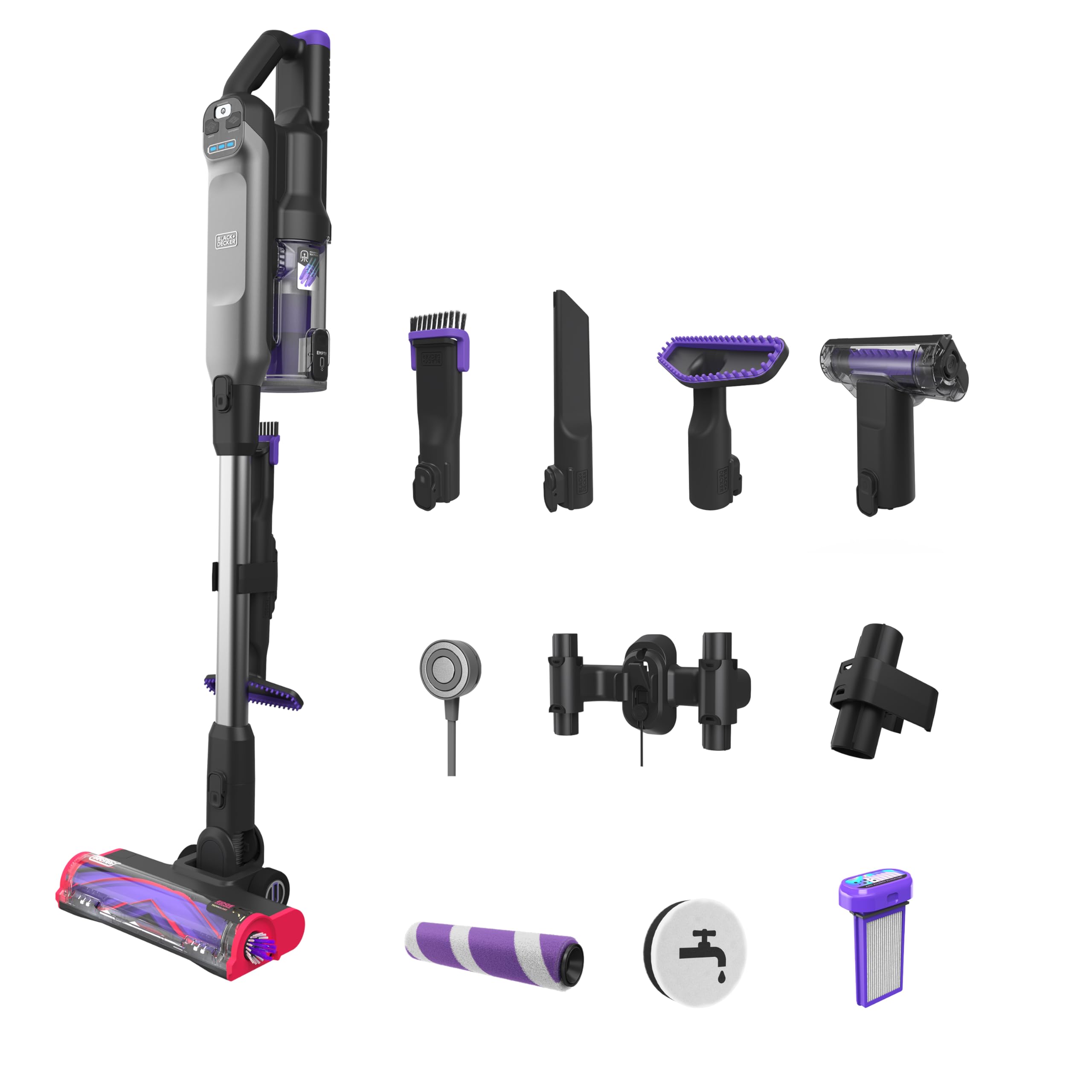 جارو شارژی بلک اند دکر آمریکا BLACK+DECKER 4in1 با موتور دیجیتال (21.6V, 4.0Ah, کف بدون کیسه و جاروبرقی دستی با برس برقی, 2 سطح مکش, بی سیم شامل باتری و شارژر, لوازم جانبی) BHFEA640WG