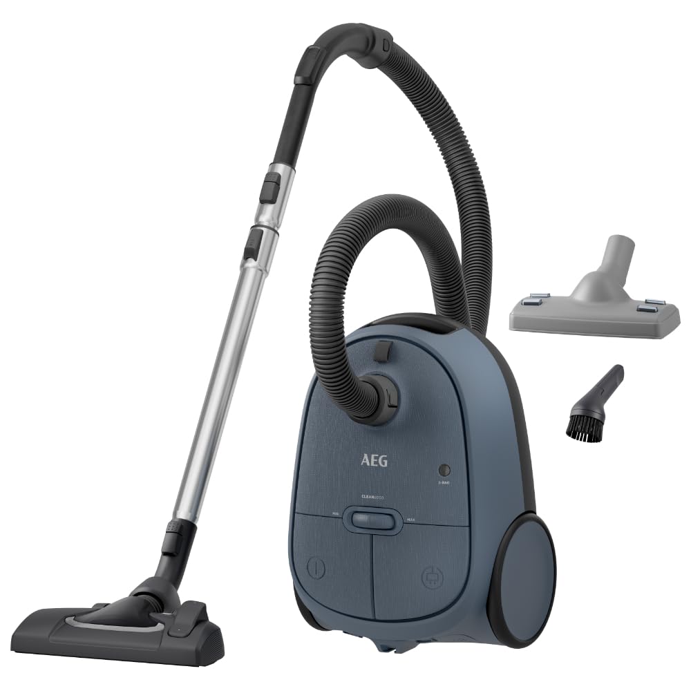 جاروبرقی کیسه‌ای AEG CLEAN 6000، قدرت مکش بالا، شامل نازل‌های اضافی، 50٪ پلاستیک بازیافتی، ایده‌آل برای صاحبان حیوانات خانگی، تمیز کردن روکش مبلمان، کابل 12 متری، 850 وات، آبی، AB61C2DB