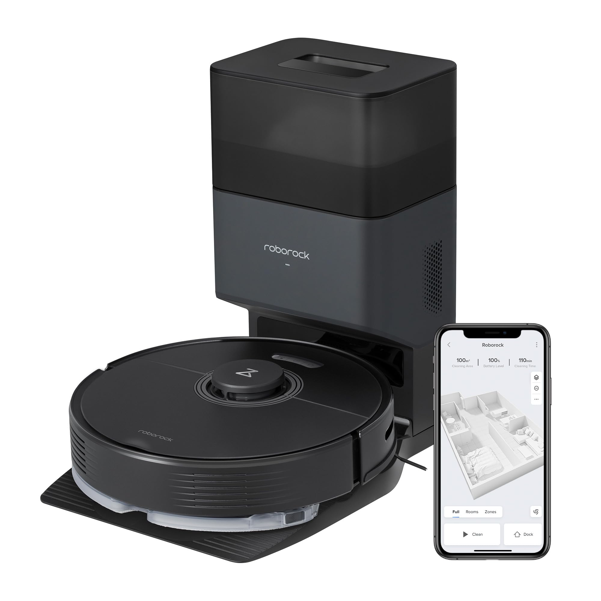 جارو رباتیک ربات جاروبرقی roborock Q7 Max+ با ایستگاه مکش، برس لاستیکی جامد، قدرت مکش 4200Pa، جاروبرقی، ربات پاک کننده، ناوبری PreciSense LiDAR و نقشه برداری سه بعدی، فرش، موی حیوانات، برنامه/Alexa (مشکی) Roborock Q7max+ Black