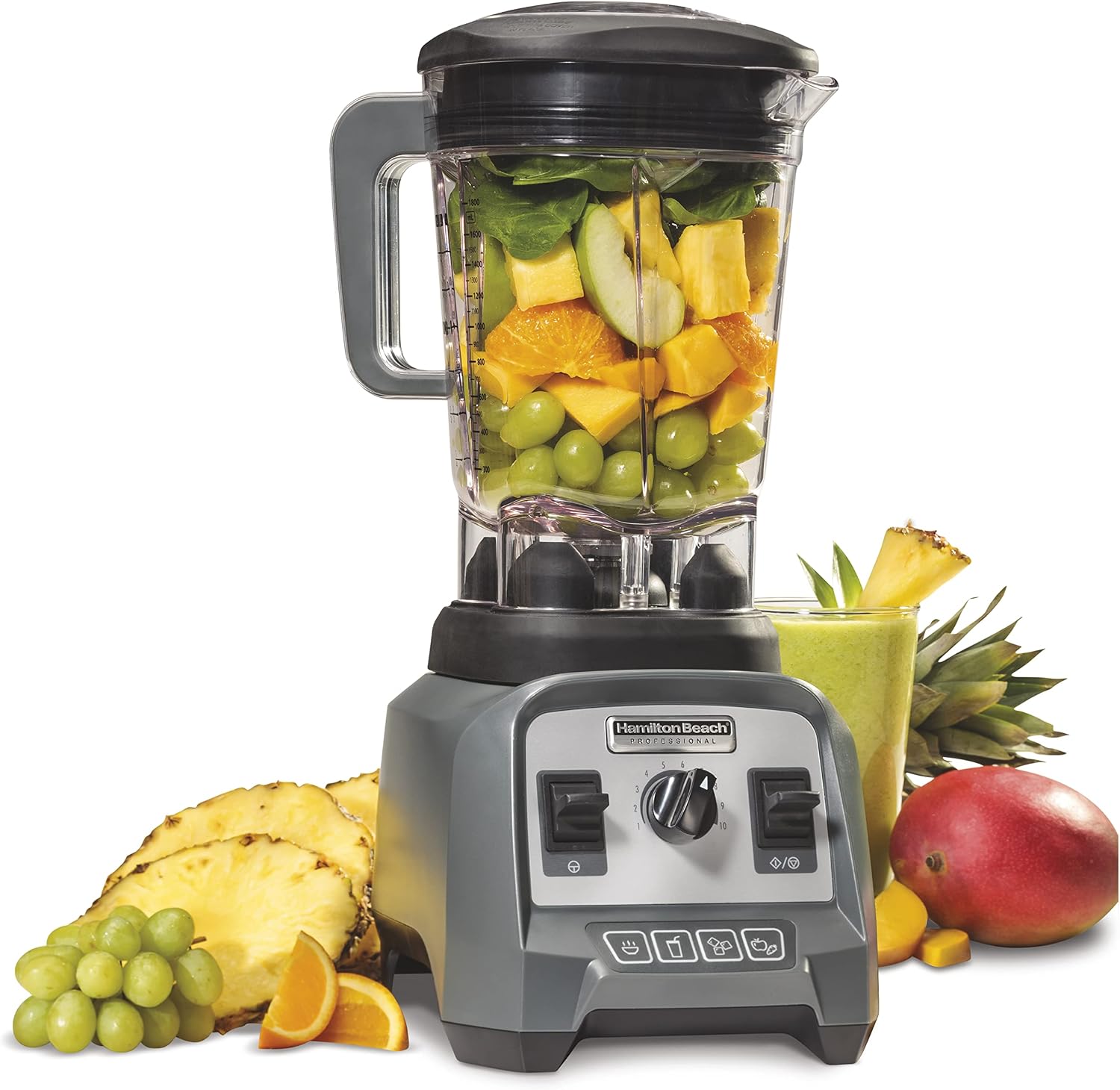 مخلوط کن همیلتون آمریکا Hamilton Beach Professional - مخلوط کن با کارایی بالا، ظرف شیشه ای 1.8 لیتری، 4 برنامه از پیش تعیین شده: مخلوط کن، شیکر و میکسر در شیشه تریتان نشکن، 1400 وات، خاکستری (58911-CE)