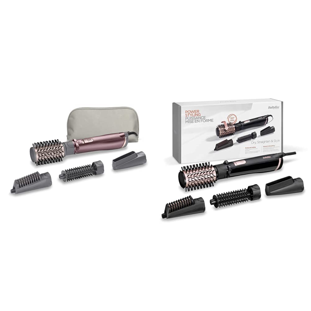 برس حرارتی گرد چرخشی بابیلیس فرانسه استایلر 4 در 1 هوای داغ 4 در 1 BaByliss Beliss Big Hair با کیسه ذخیره‌سازی، ست برس برس هوای داغ چرخشی AS200E برس و استایل یونیک، 1000 وات، 4 ضمیمه، مشکی، ست 5 تکه