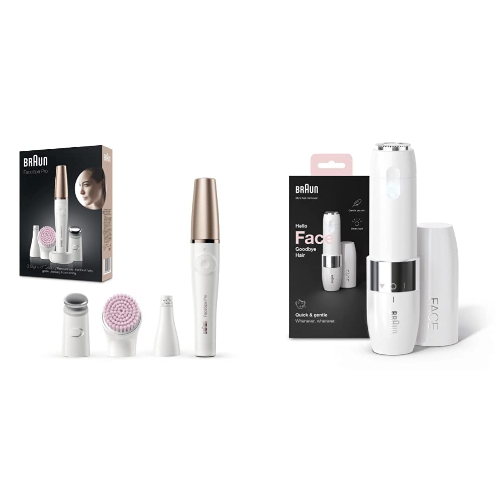 ست زیبایی Braun FaceSpa Pro به همراه اپیلاتور صورت، برس پاکسازی صورت، سری اتصال، نگهدارنده و کیف، SE912، سفید/برنزی و مینی اصلاح صورت، مخصوص خانم‌ها، FS1000، سفید، بسته FaceSpa + مینی ریش‌تراش به همراه مینی اصلاح صورت
