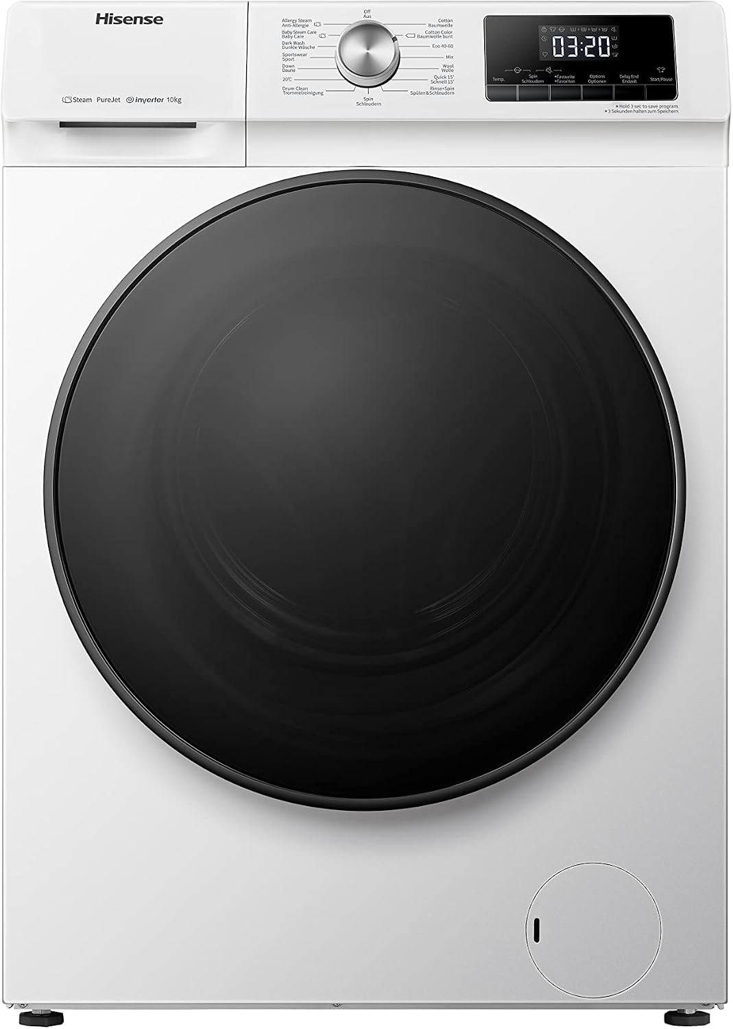 ماشین لباسشویی هایسنس Hisense WFQA1014EVJM با عملکرد بخار / 10 کیلوگرم / AquaStop / 1400 دور در دقیقه / 15 برنامه / موتور اینورتر PowerDrive / درام فولاد ضد زنگ / قفل کودک / تمیز کردن درام