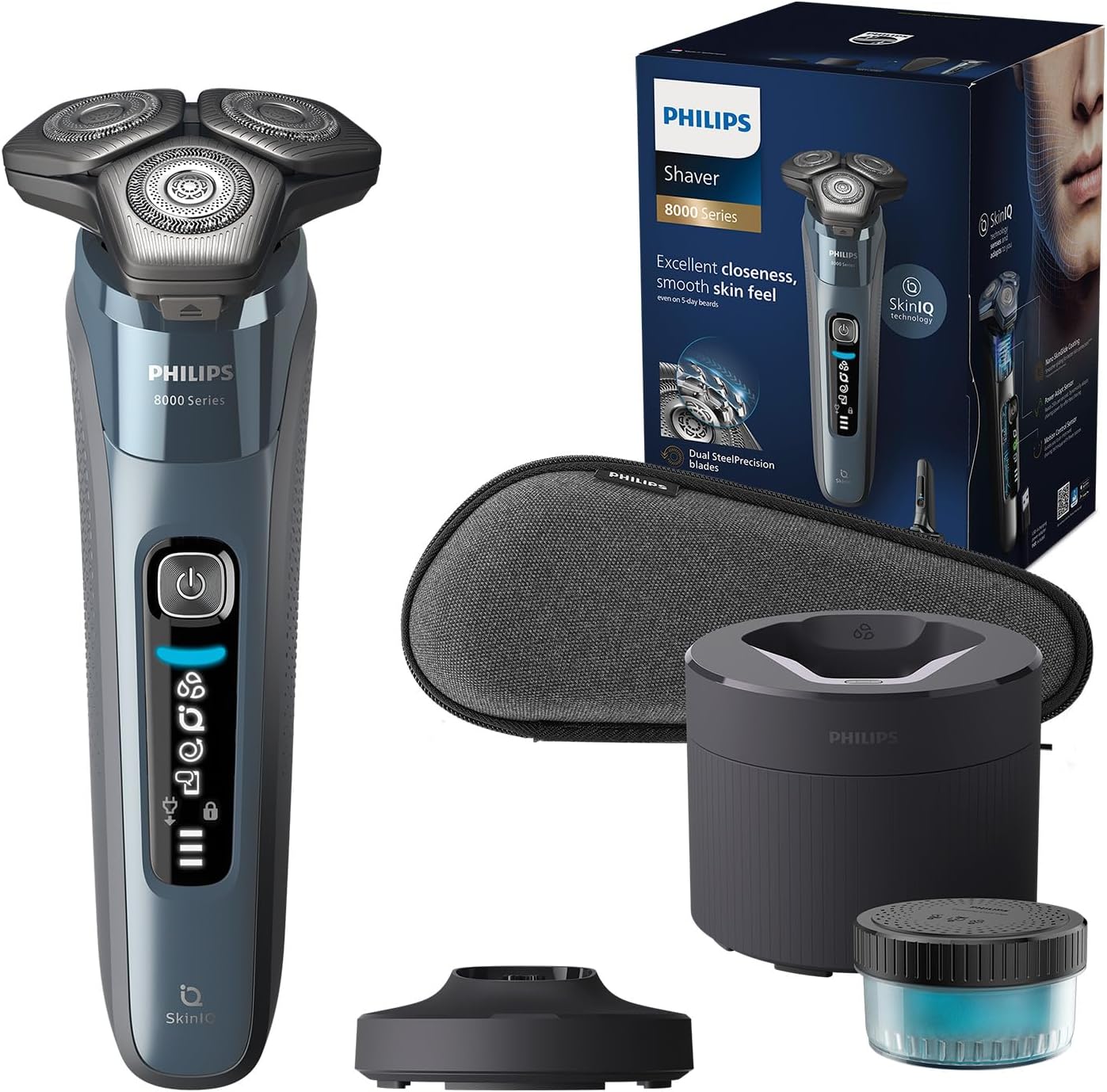 ریش تراش فیلیپس مدل S8692/55 S8000 ریش تراش برقی مرطوب و خشک با فناوری SkinIQ به رنگ آبی یخی با صاف کننده یکپارچه تاشو، ایستگاه شارژ، ایستگاه تمیز کردن و کیف مسافرتی شامل ایستگاه تمیز کردن، ایستگاه شارژ و کیف مسافرتی