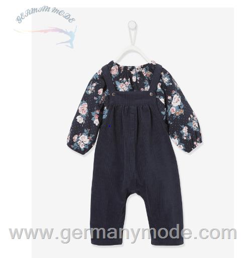 شلوار پیش سینه دار و بلوز کودک ورت فرانسه Vertbaudet Mädchen Baby Set Bluse Latzhose - dunkelblau/geblümt