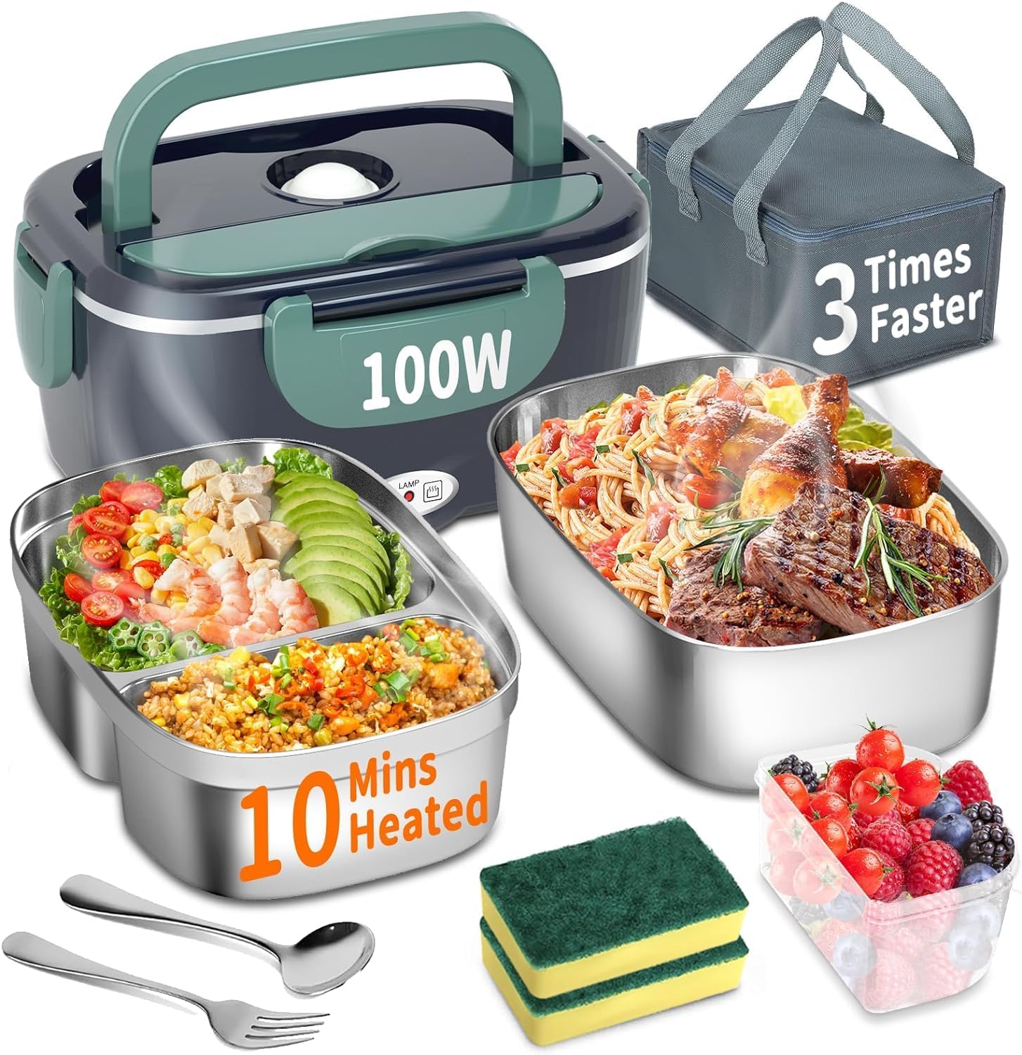 لانچ باکس ظرف گرم کننده غذای برقی و شارژی 100 وات، جعبه ناهار گرم قابل حمل 3 در 1، جعبه غذاخوری از جنس استنلس استیل قابل جابجایی، جعبه حرارتی 12 ولتی / 24 ولتی / 220 ولتی برای ماشین / کامیون / دفتر، با کیسه عایق و اسفنج (آبی، 1.5 لیتر)