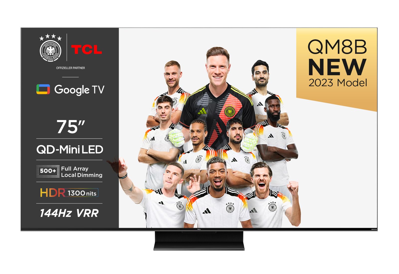 خرید از آمازون - تلویزیون TCL 75QM8B MiniLED 75 اینچی، QLED، 144 هرتز، 4K HDR Premium 1300nits، Google TV، Dolby Atmos، Onkyo، Game Master Pro 2.0 QM8B 2023 مدل 75 اینچی