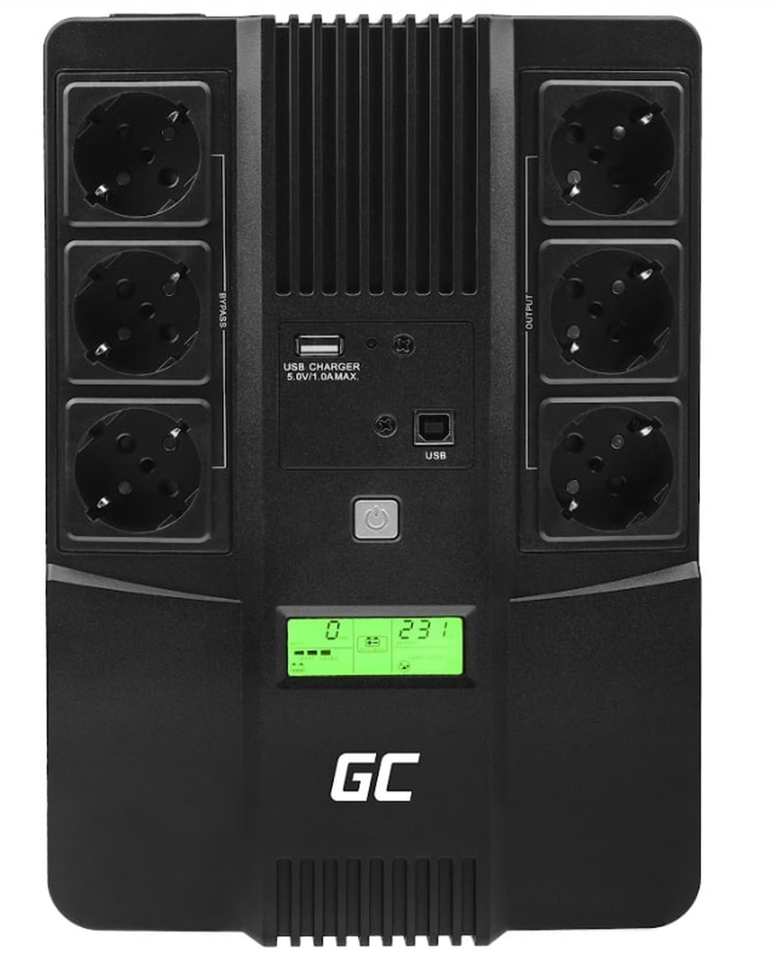 منبع تغذیه بدون وقفه Green Cell® UPS، ۶۰۰ ولت آمپر (۳۶۰ وات) با حفاظت در برابر نوسانات برق، سیستم تنظیم ولتاژ تعاملی خط ۲۳۰ ولت AVR، USB/RJ45، ۶ خروجی Schuko، صفحه نمایش LCD، ۶۰۰ ولت آمپر (۳۶۰ وات)، جمع و جور