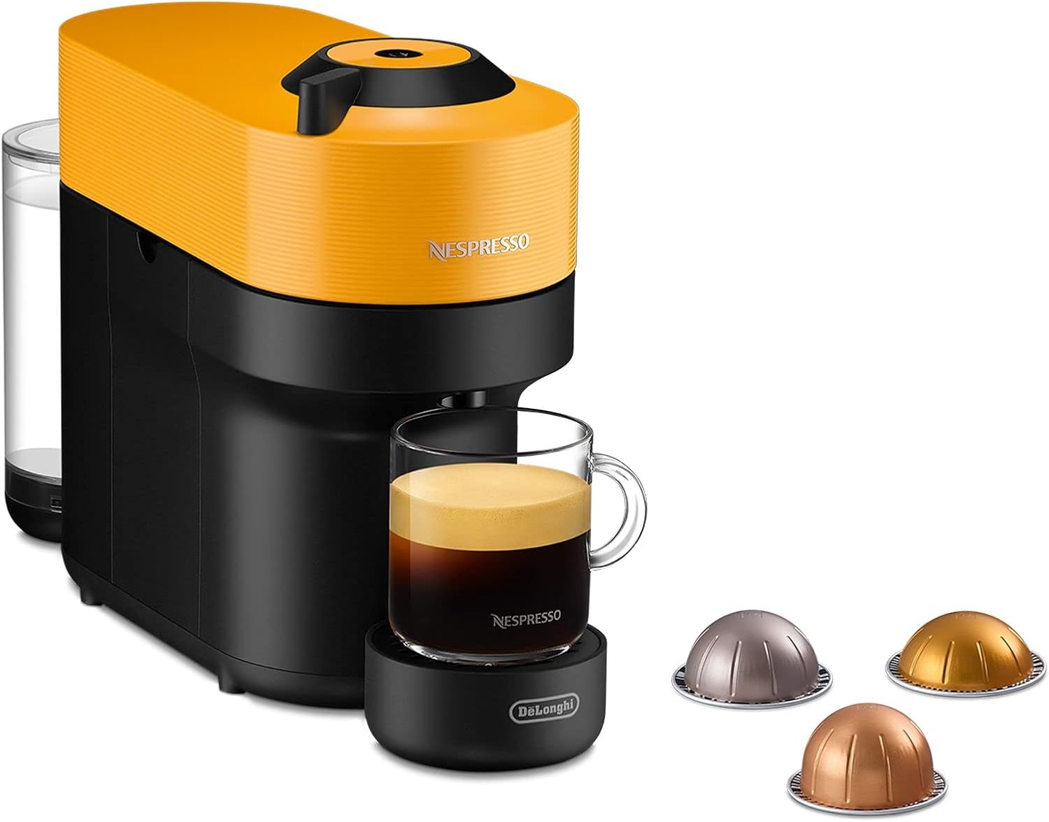 نسپرسو ساز دلونگی ایتالیا Nespresso DeLonghi ENV90.Y Vertuo Pop، دستگاه کپسول قهوه، آماده سازی 4 فنجان، فناوری سانتریفیوژ، بسته خوشامدگویی شامل، 1260 وات، 0.56 لیتر، دستگاه کپسول قهوه