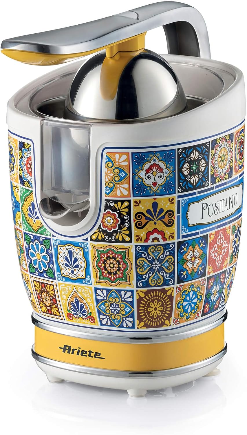 آب مرکبات گیری با طراحی آریته ایتالیا Ariete 413 Positano، پرس مرکبات برقی با محفظه و اهرم فلزی، محافظ چکه، موتور کم صدا برای آب میوه گیری حرفه ای