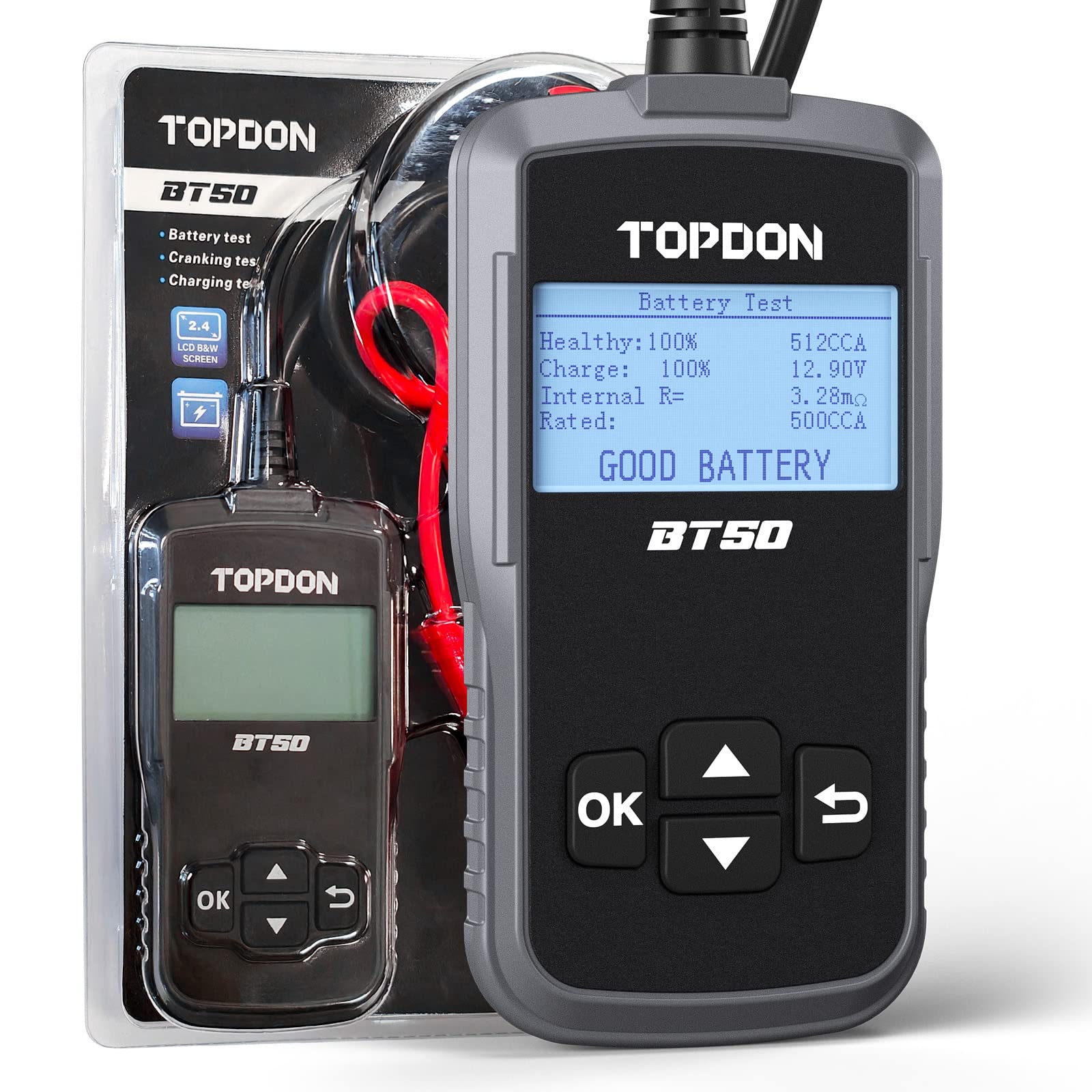 خرید از آمازون - تستر باتری خودرو TOPDON BT50، دستگاه تستر باتری 12 ولتی وسیله نقلیه 100-2000CCA دستگاه آنالایزر دیجیتال باتری خودرو دستگاه تست سیستم میل لنگ شارژ برای ماشین، موتور سیکلت، SUV، کامیون، قایق BT50-DE