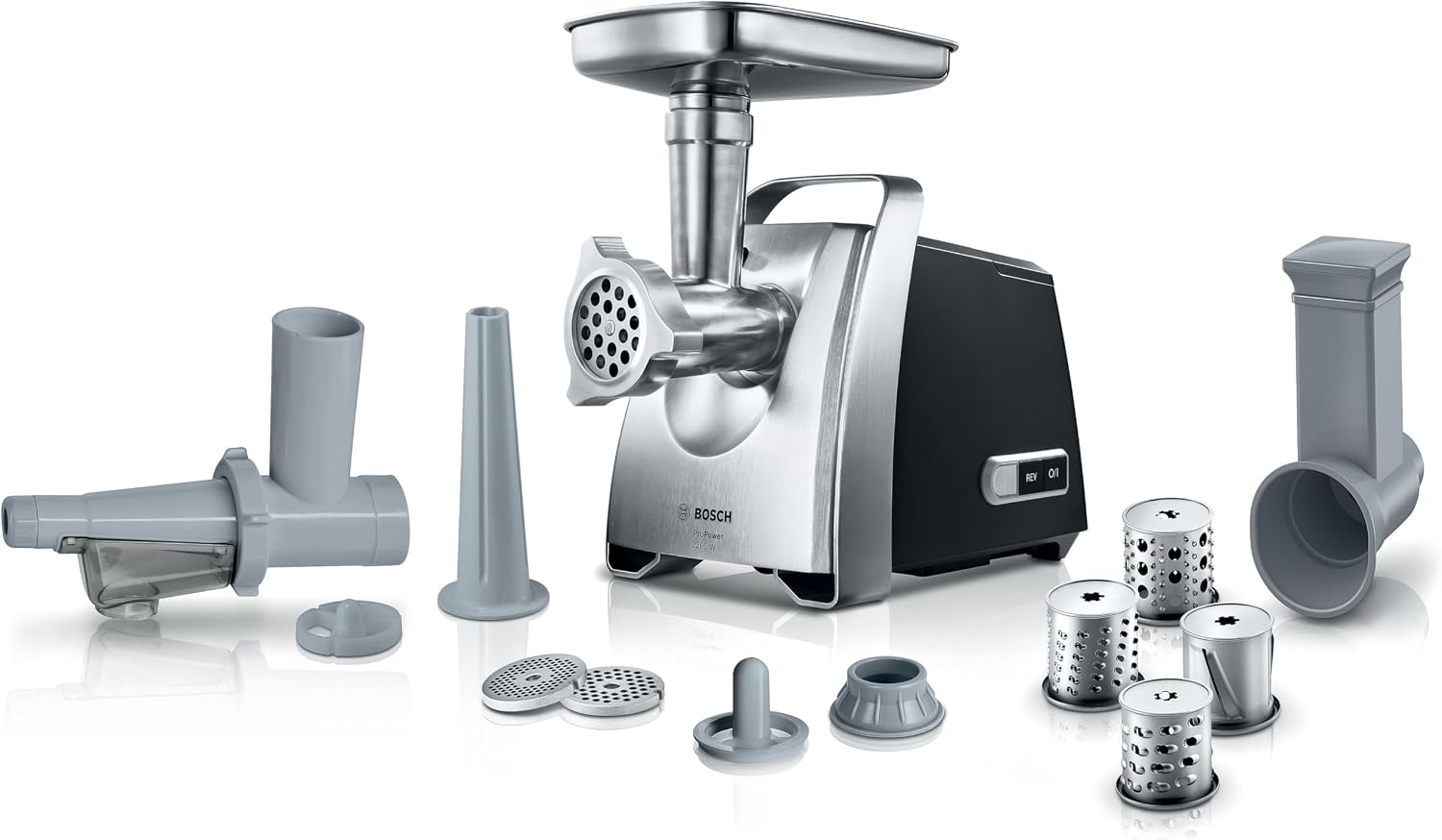 چرخ گوشت بوش آلمان Bosch MFW68660 سوسیس برقی، 3 دیسک سوراخ دار استیل، مشکی، نقره ای، 880 وات