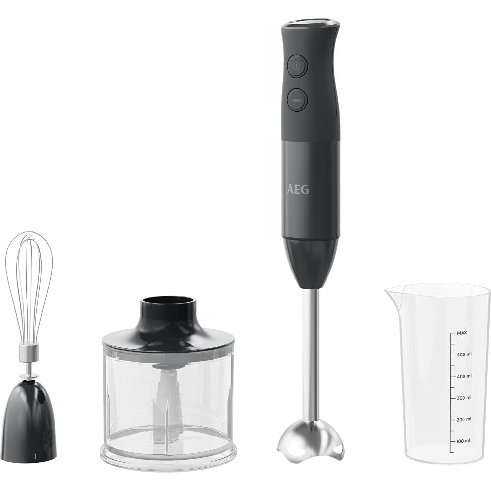 مخلوط کن دستی AEG HB4-1-6GG / 2 تیغه استیل ضد زنگ / شامل لوازم جانبی گسترده / بدون BPA / 2 تنظیمات سرعت / عملکرد توربو / قابل شستشو در ماشین ظرفشویی / استیل ضد زنگ برس خورده / خاکستری گرانیتی