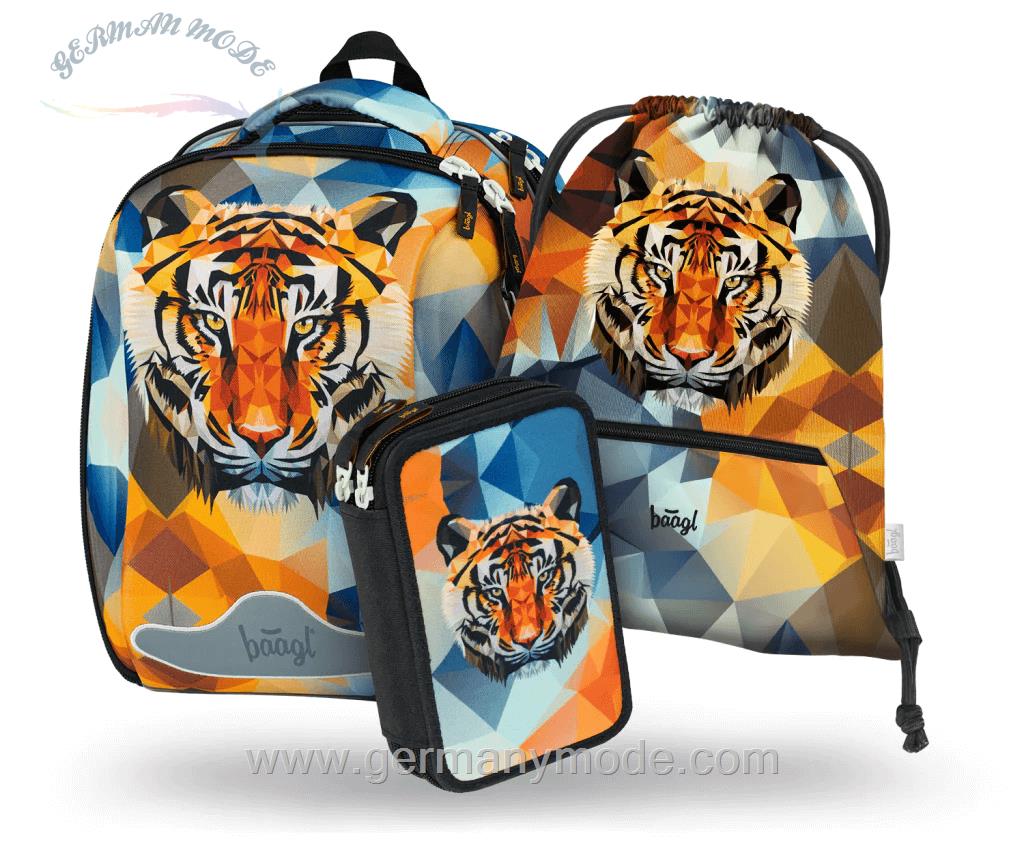 ست 3 تایی کوله پشتی مدرسه کوله ورزشی جامدادی پسرانه بگل Baagl Shelly Wild Tiger Schulranzen Set 3tlg Schulranzen Federmäppchen Turnbeutel