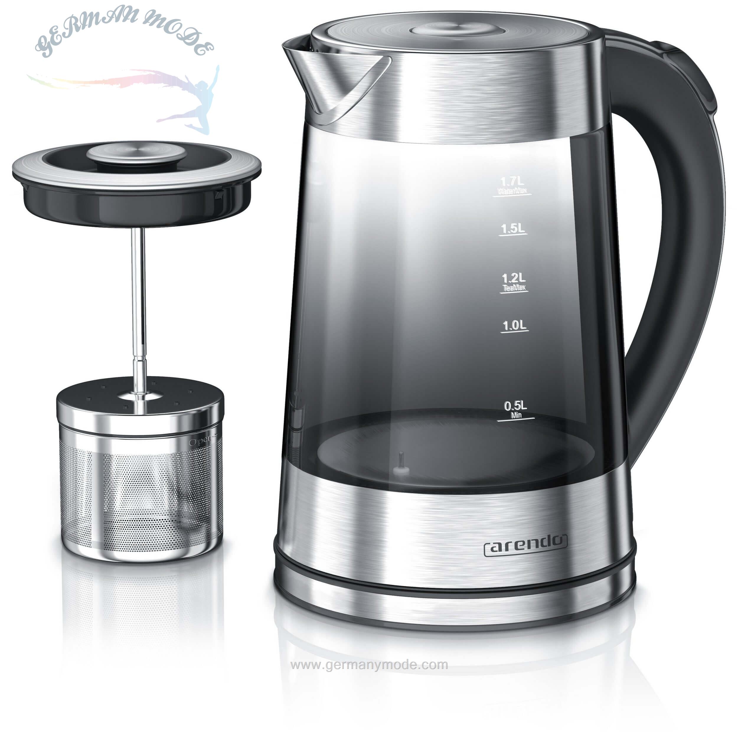 کتری برقی آرندو آلمان Arendo Wasserkocher- Edelstahl Glas Wasserkocher mit Teesieb 1-7 Liter