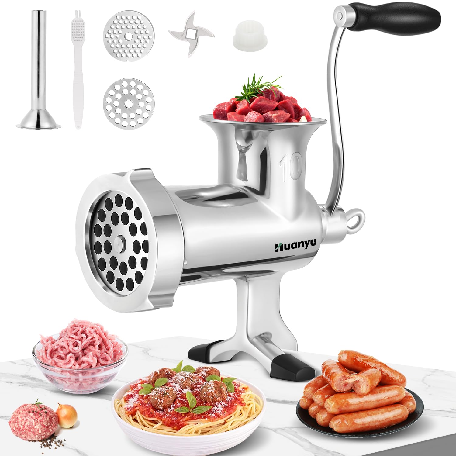 خرید از آمازون - Huanyu Fleischwolf Manuell Hand Fleischwolf Edelstahl Fleischwolf Manuell mit Wurstfüller Edelstahl Spülmaschinenfest Manueller Fleischwolf Größe 10