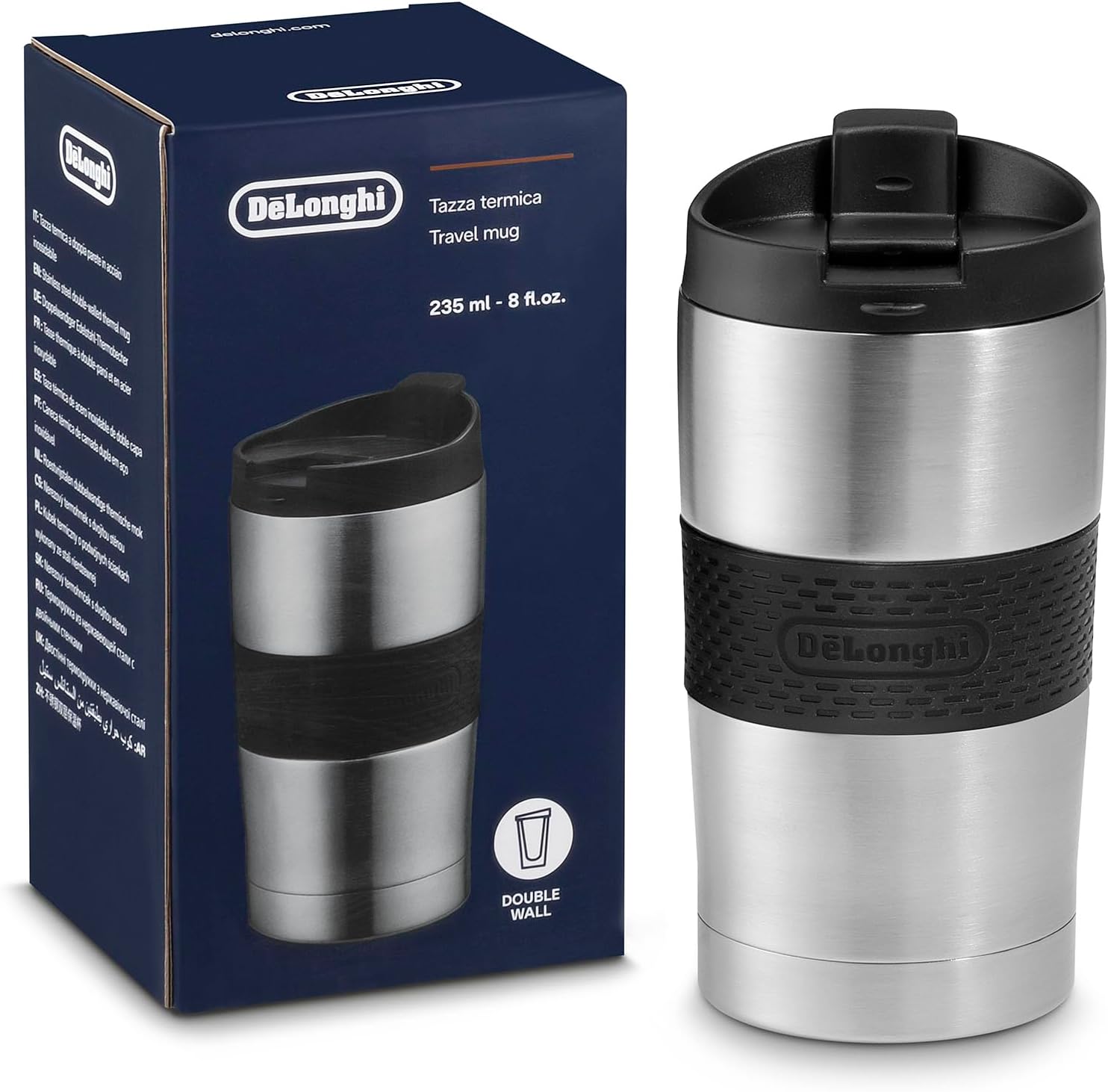لیوان حرارتی مسافرتی دلونگی ایتالیا DeLonghi DLSC074 لیوان قهوه دو جداره استیل ضد زنگ برای نوشیدنی های گرم و سرد، بازشو با یک کلیک، ظرفیت 235 میلی لیتر، آنتراسیت