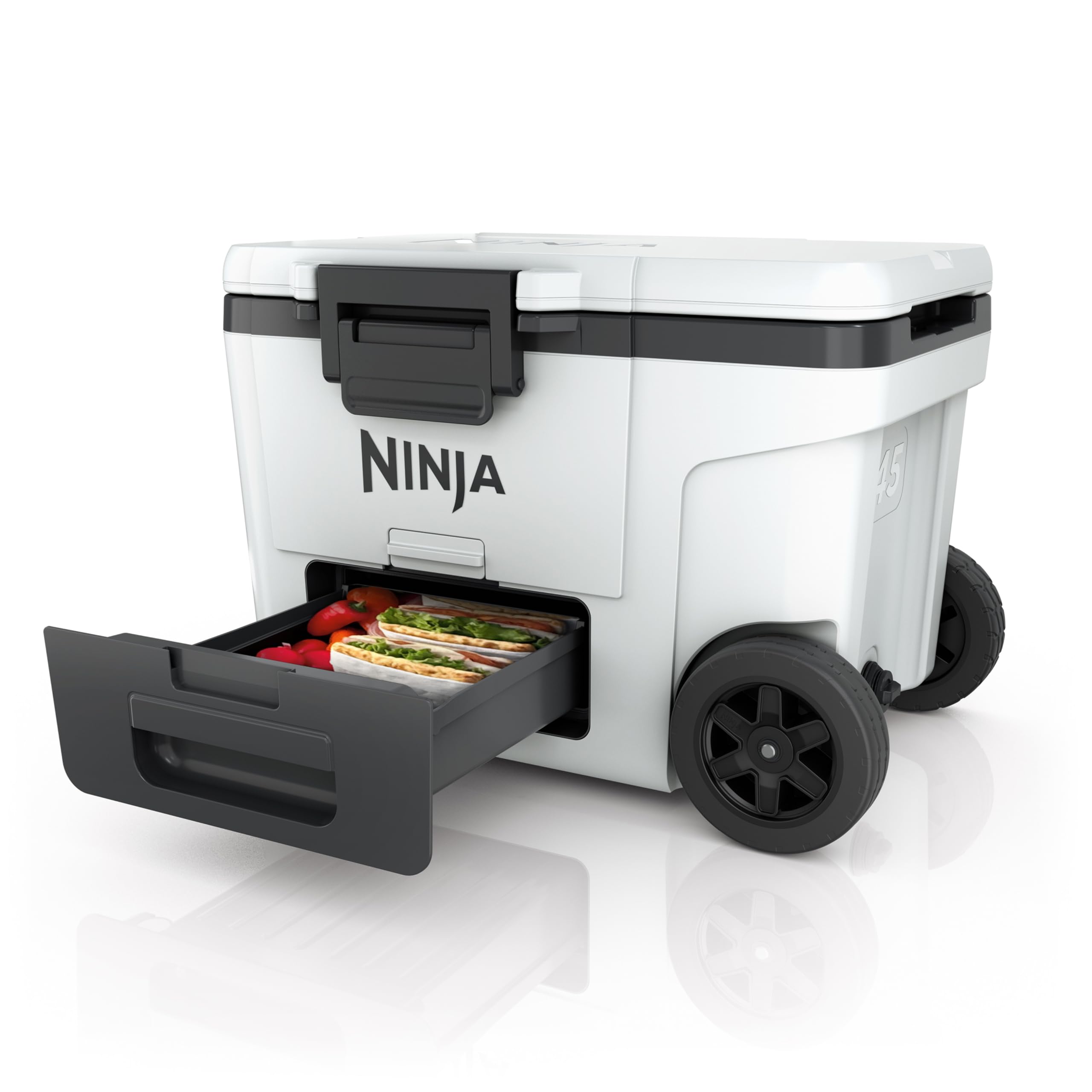 یخدان چرخدار عایق‌دار Ninja FrostVault با کشوی یکپارچه مخصوص منطقه خشک برای نگهداری در دمای یخچال، یخ را برای چند روز نگه می‌دارد، تا ۶۸ قوطی را در خود جای می‌دهد، سفید ابری، FB245EUWH