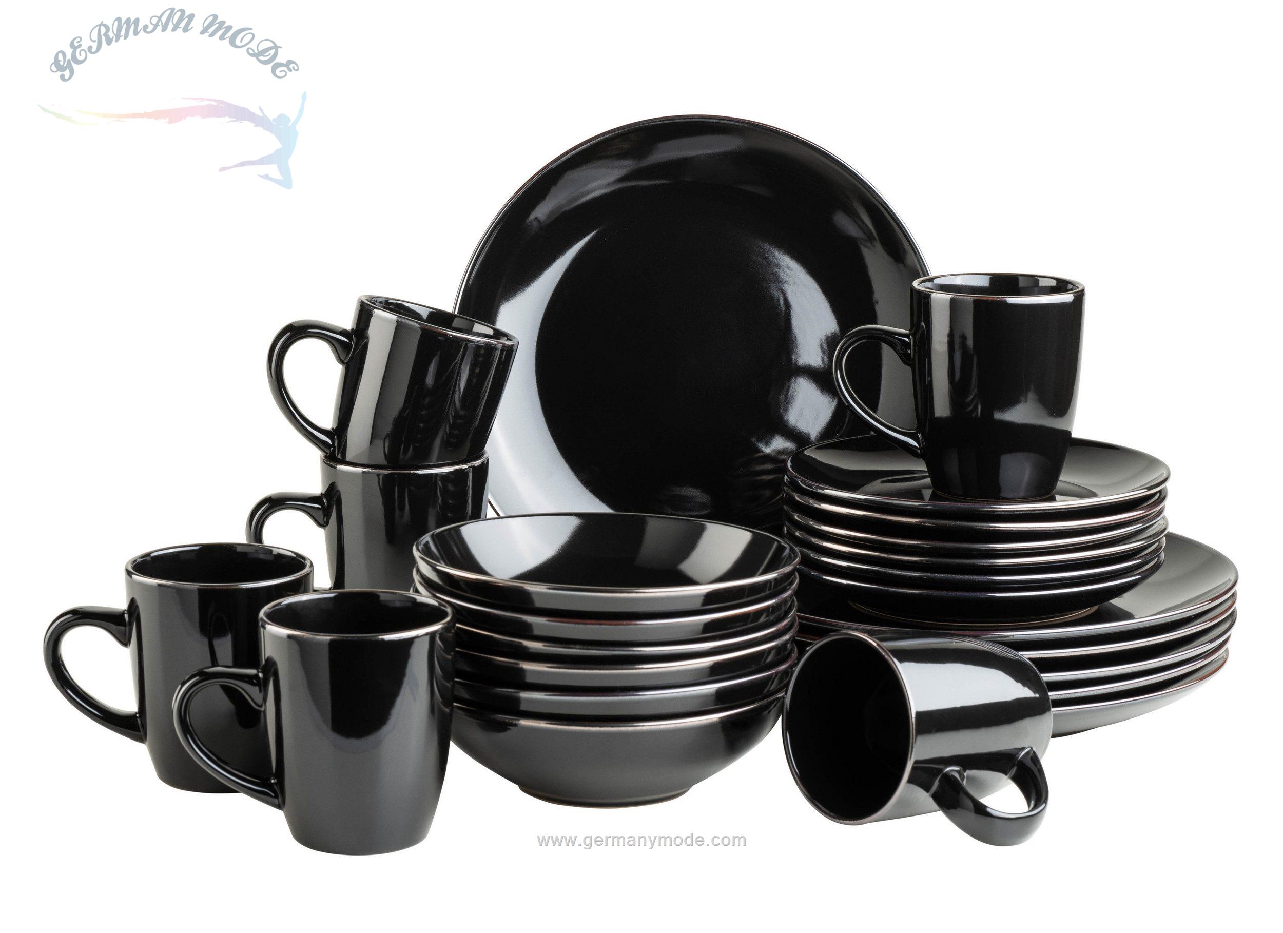 سرویس غذاخوری سرامیک 24 پارچه 6 نفره ماسر اتریش Mäser Metallic Rim Kombiservice (24-tlg.) Schwarz