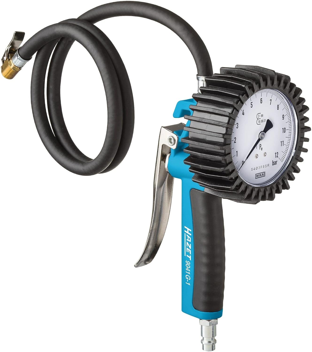 خرید از آمازون - باد لاستیک HAZET 9041G-1، کالیبره شده، خوانا، محدوده اندازه گیری فشار سنج: 0-10 بار، طول شلنگ: 1000 میلی متر، قطر فشار سنج: 80 میلی متر، تست فشار لاستیک برای اتومبیل، موتور سیکلت، کامیون
