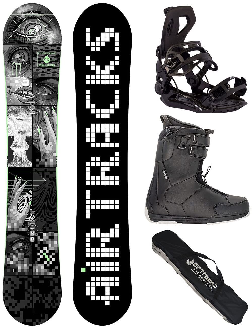 Airtracks Snowboard Set Pixel Bomb Wide Carbon Snowboard Flat Rocker + Softbindung Master + Boots + SB Bag 148 153 158 163 cm Snowboard 148 cm Boots Master QL 40