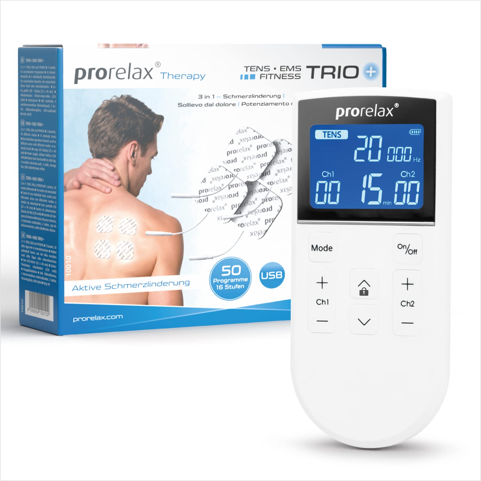 خرید از آمازون - prorelax TENS/EMS Trio+ | دستگاه تحریک الکتریکی با باتری | 3 درمان - TENS، EMS، FITNESS | برای آرامش، عضله سازی، تسکین درد | 50 برنامه | 16 سطح شدت
