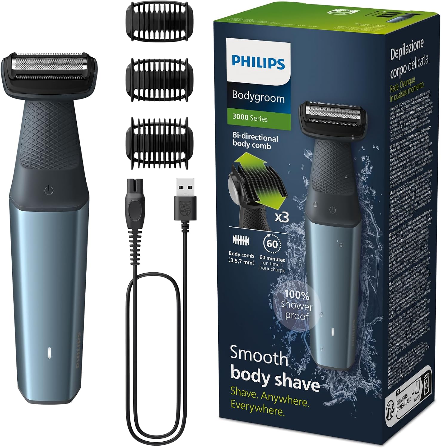 ریش تراش ماشین اصلاح فیلیپس هلند مدل Philips Bodygroom Series 3000 BG3027/03، موبر ضد آب برای مناطق صمیمی و بدن، اصلاح نزدیک و راحت، مراقبت کامل از بدن، 60 دقیقه [نسخه جدید] Bodygroom Series 3000.