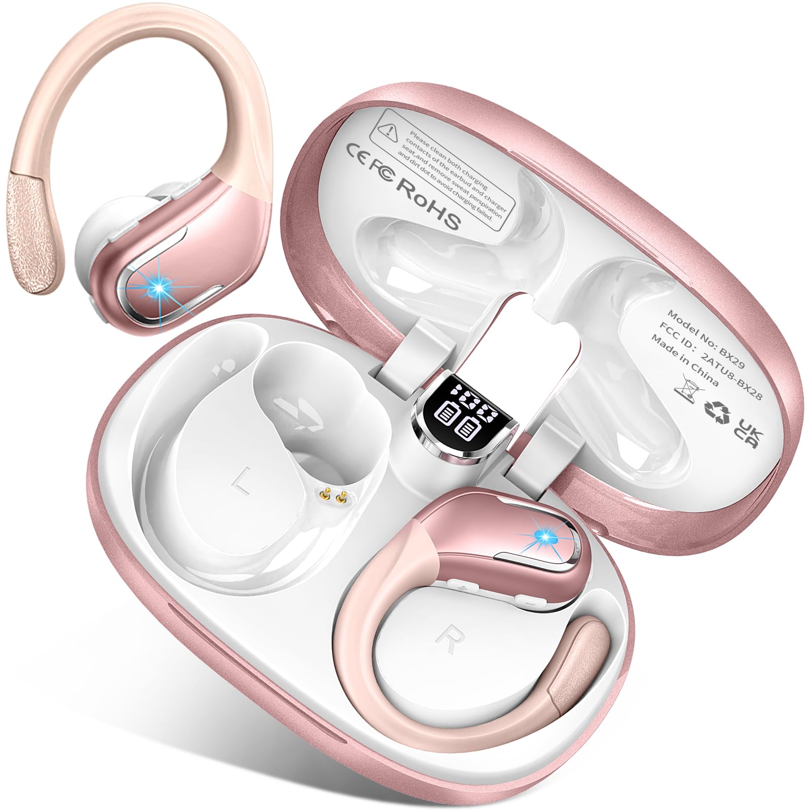 خرید از آمازون - هدفون بلوتوث اسپرت، هدفون 75H بی‌سیم بلوتوث 5.3 HiFi استریو با میکروفون CVC8.0، هدفون هدفون حذف نویز، باس عمیق، صفحه نمایش LED، هدفون ضد آب IP7 (رزگلد)