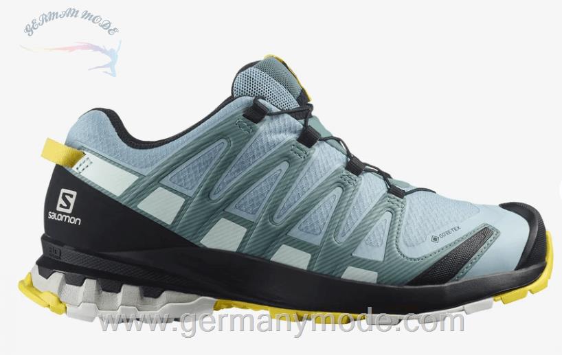 کتانی تریل رانینگ دو کوهستان ضد آب زنانه سالامون فرانسه SALOMON XA PRO 3D V8 GORE TEX Trailrunning Schuhe Damen Zen Blue White Golden Kiwi