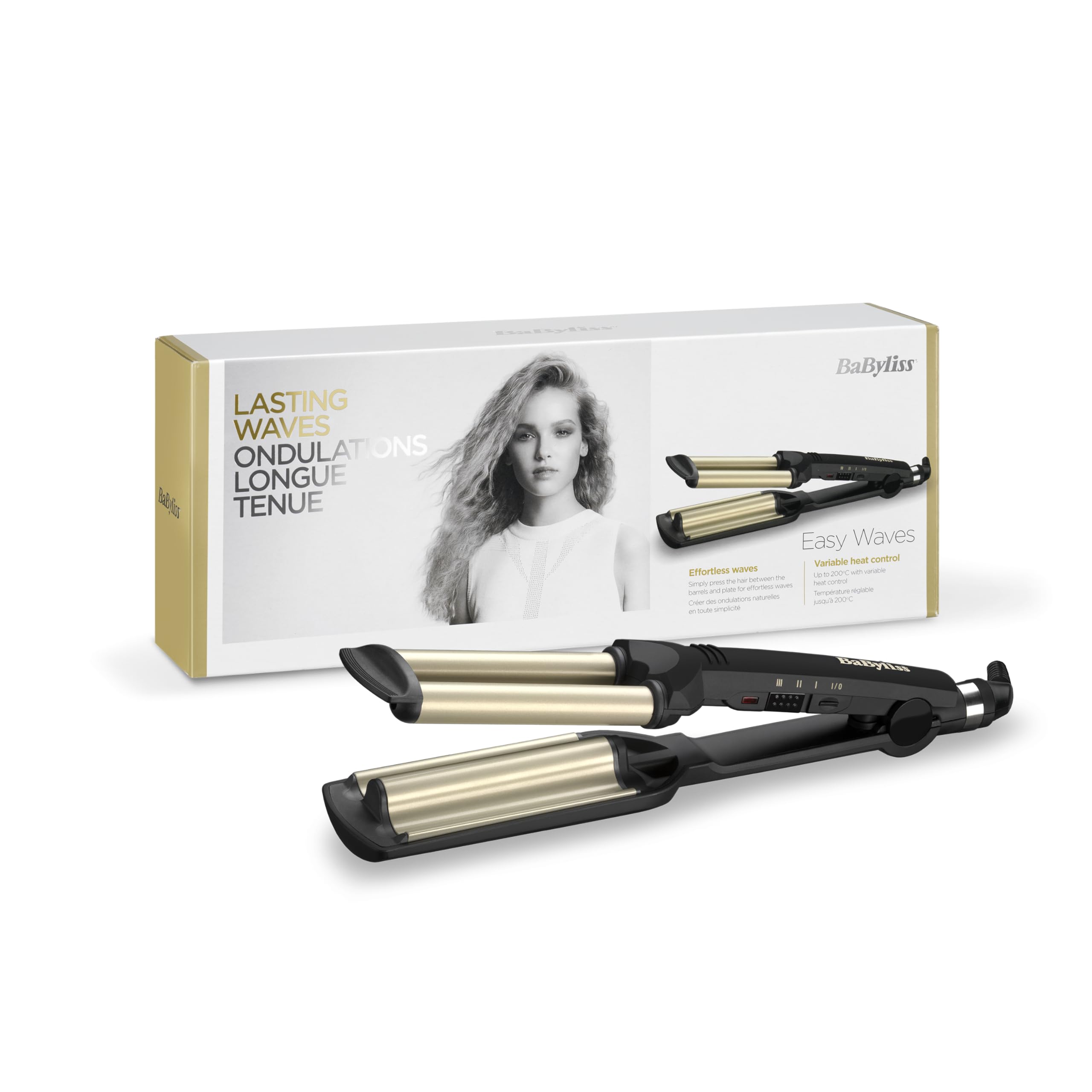 اتو مو برقی بابیلیس فرانسه - آهن موجی BaByliss Easy Waves طلایی مشکی C260E | 1 بسته امواج ساحلی