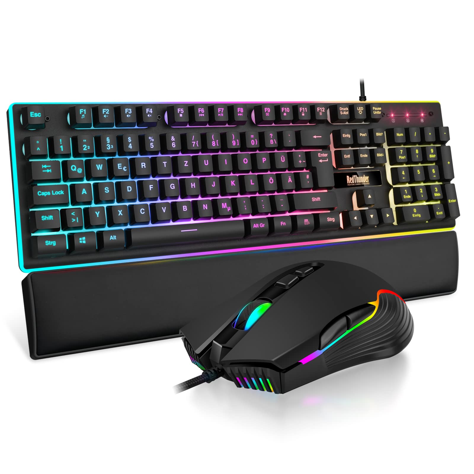 خرید از آمازون - ست کیبورد و ماوس بازی RedThunder K10، چیدمان QWERTZ DE، صفحه فلزی و مچ‌بند، نور پس‌زمینه RGB و 7D با ارگونومیک برای گیمرهای رایانه شخصی (مشکی)