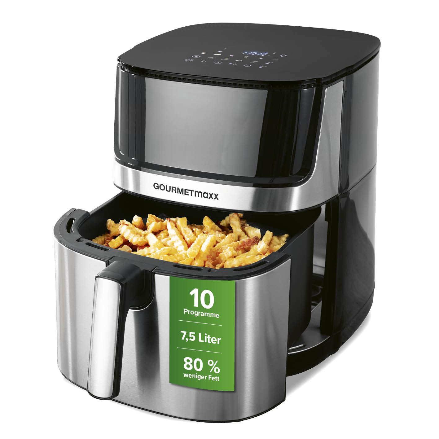 سرخ کن دیجیتال گورمت‌ مکس آلمان GOURMETmaxx 4 در 1 با هوای گرم | سرخ کن قدرتمند 2200 وات | سرخ کردن کم چرب + صرفه جویی در مصرف انرژی با صفحه نمایش لمسی و عملکرد تایمر - 7.5 لیتر | [شامل 10 برنامه] استیل ضد زنگ / مشکی 7.5 لیتر