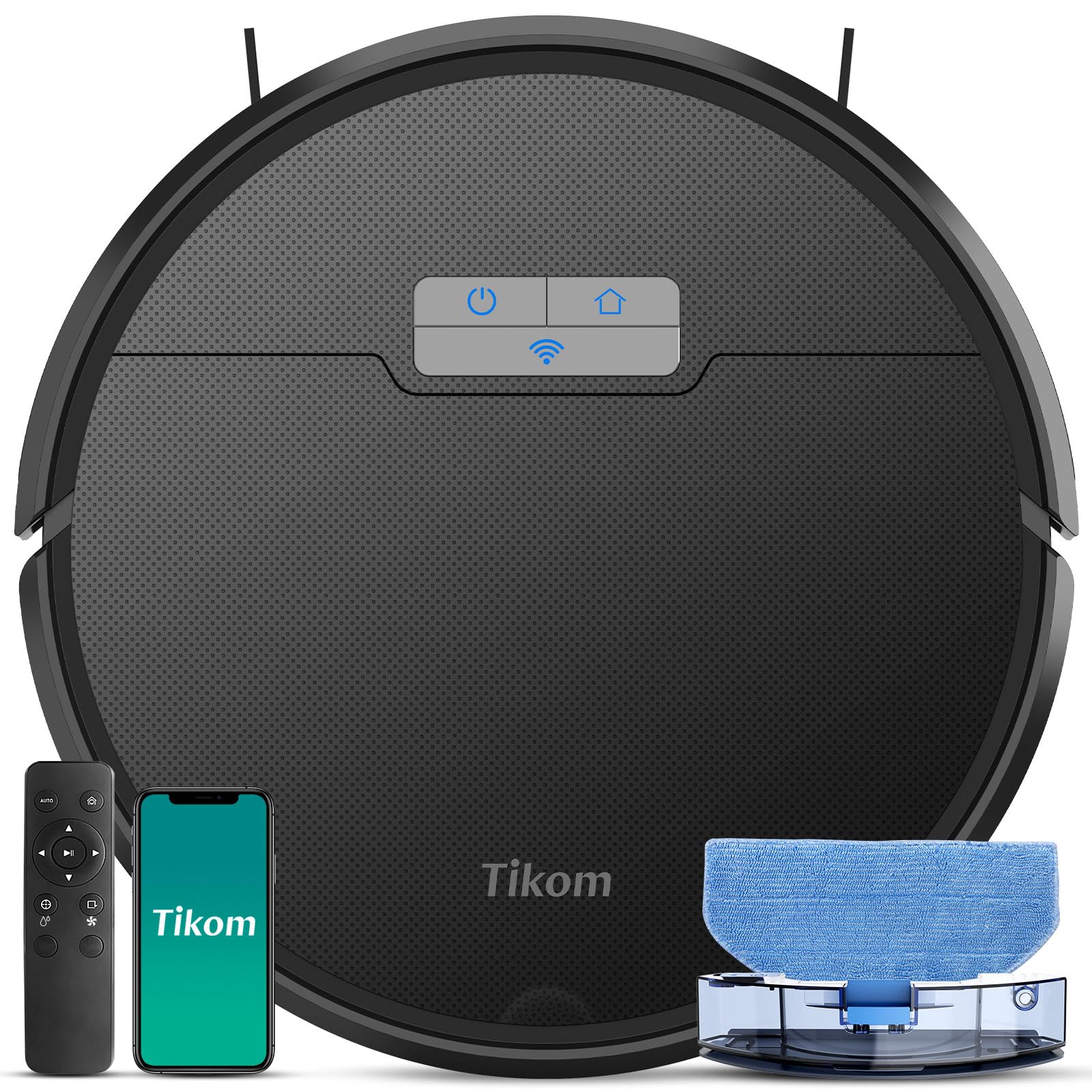جارو رباتیک جارو برقی ربات Tikom با عملکرد پاک کردن 2 در 1، ربات جاروبرقی G8000 Pro، ربات جاروبرقی با قدرت مکش قوی 4500Pa، خود شارژ، WiFi، حداکثر 150 دقیقه، ایده آل برای موهای حیوانات خانگی، فرش، کف سخت