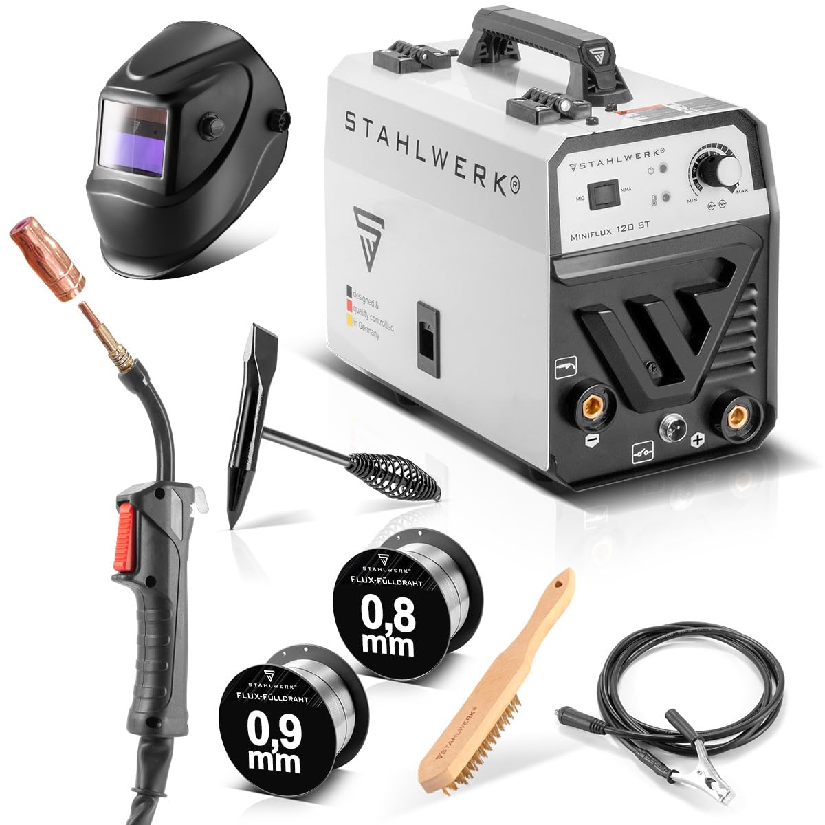خرید از آمازون - دستگاه جوش سیم هسته دار کاملا مجهز STAHLWERK Mini FLUX 120 ST با تغذیه سیم سینرژیک برای 0.6 | 0.8 | 0.9 | سیم جوش 1.0 میلی متری، اینورتر فشرده با جوش واقعی 120 آمپر بدون گاز محافظ