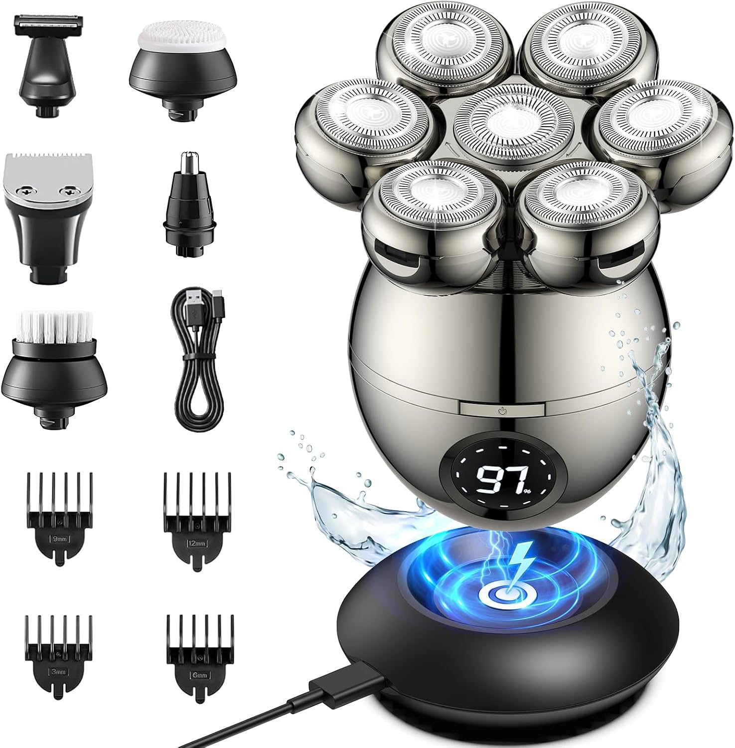 ریش تراش شارژی و ماشین اصلاح مخصوص سر کچل ریش تراش برقی طاس مردانه ETENTUS، 6 در 1 ریش تراش سر طاس، با 7 سر اصلاح چرخان و کیت مراقبت ریش ریش، تیغ طاس ضد آب IPX6 مرطوب و خشک، قابل شارژ نوع C