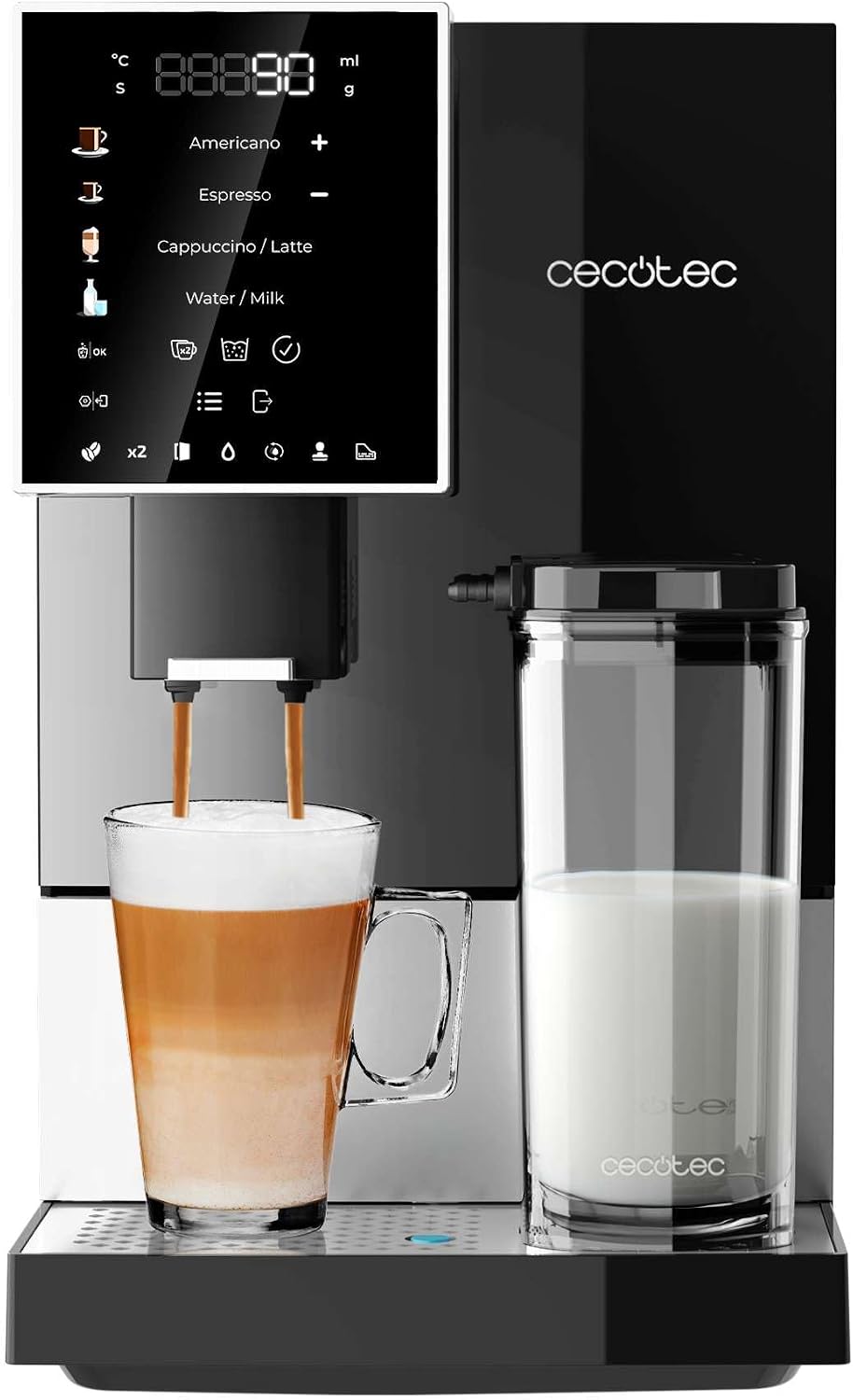 دستگاه قهوه ساز فوق اتوماتیک Cecotec مدل Cremmaet Compactccino مشکی نقره‌ای، ۱۹ بار، سیستم ترموبلاک، دانه‌های تازه آسیاب شده، آسیاب دانه قهوه ۱۵۰ گرمی، مخزن آب ۱.۱ لیتری، شیر ۴۰۰ میلی‌لیتری