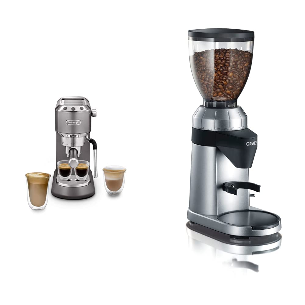 خرید از آمازون - De'Longhi Dedica Arte EC 885.GY، دستگاه پورتافیلتر اسپرسو، عرض 15 سانتی متر، مخزن آب 1 لیتری، آسیاب قهوه خاکستری و Graef CM 800، 128 وات، 350 گرم، 23 x 13.2 x 38.5 سانتی متر، نقره ای