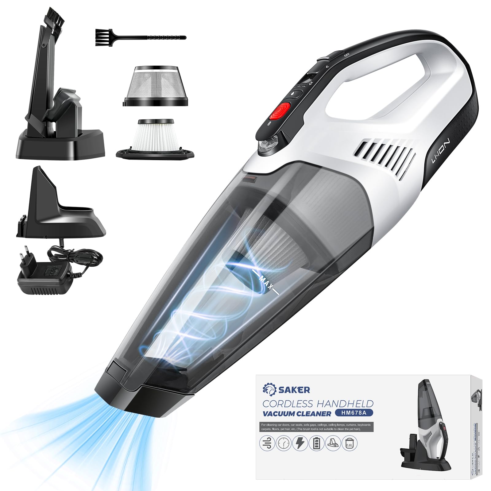 جارو شارژی دستی ساکر، جاروبرقی ماشین بی سیم 10000PA با فیلتر هپا 14.8 ولت قابل شستشو، نور LED، گرد و غبار خالی با یک کلیک، جارو شارژی، برای ماشین، خانه، آشپزخانه، موهای حیوانات خانگی
