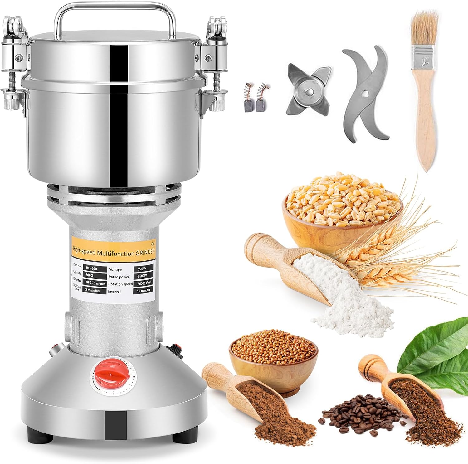 آسیاب غلات و قهوه برقی صنعتی 2500 وات 36000 دور در دقیقه آسیاب غلات با سرعت سریع دستگاه پودر حرفه ای 3 تیغه زمان بندی دستگاه آسیاب غذاساز برای ادویه، سبزی، قهوه (500 گرم)