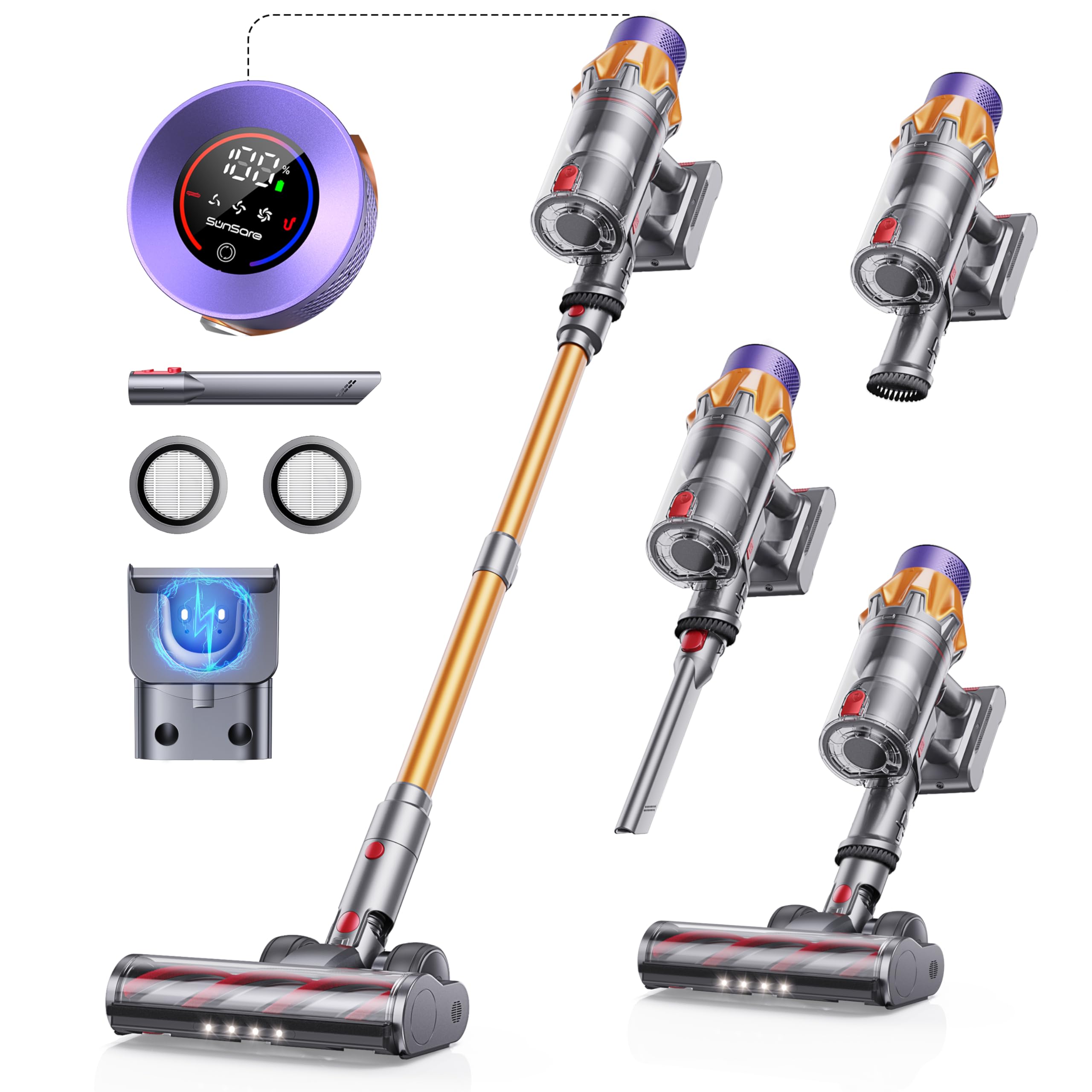 جارو شارژی SunSare 550W/45000Pa/60Min، جاروبرقی بی سیم با صفحه نمایش هوشمند و ایستگاه شارژ، جارو شارژی سبک ضد گره خوردگی، جارو شارژی فوق العاده بی صدا برای کف های سخت، فرش، موی حیوانات خانگی